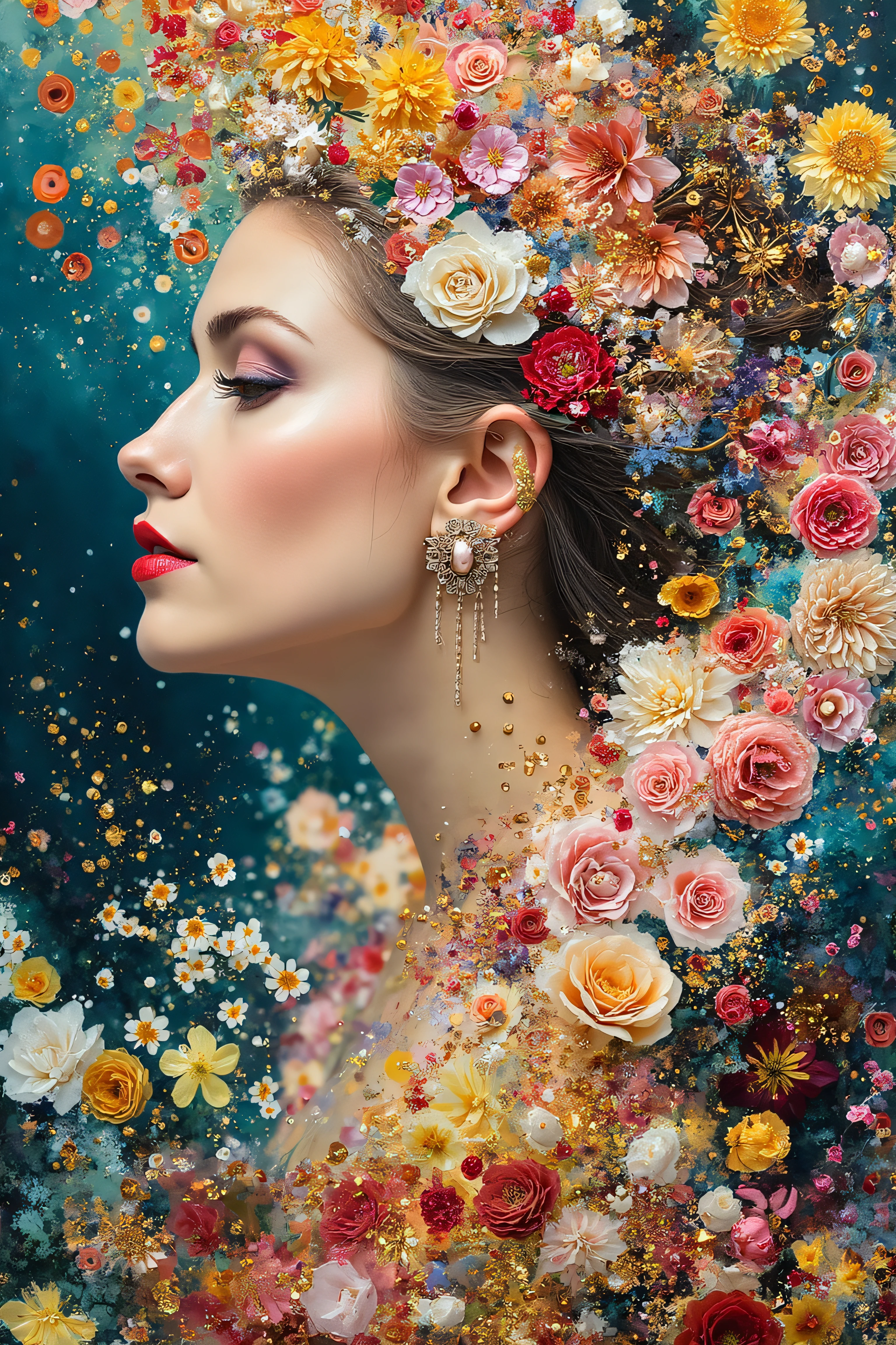 Create an abstract art, front portrait of a woman in an expressive oil painting style. Use a vivid explosion of colors including blue, yellow, red, white, pink, black, and green. The portrait should be symmetrical and hyper-detailed, with a gleaming golden accent to radiate light. Incorporate elements like pearls and filigree to add texture. The composition should be ethereal, blending sky, flowers, water, and fire to create a harmonious and brilliant visual experience.