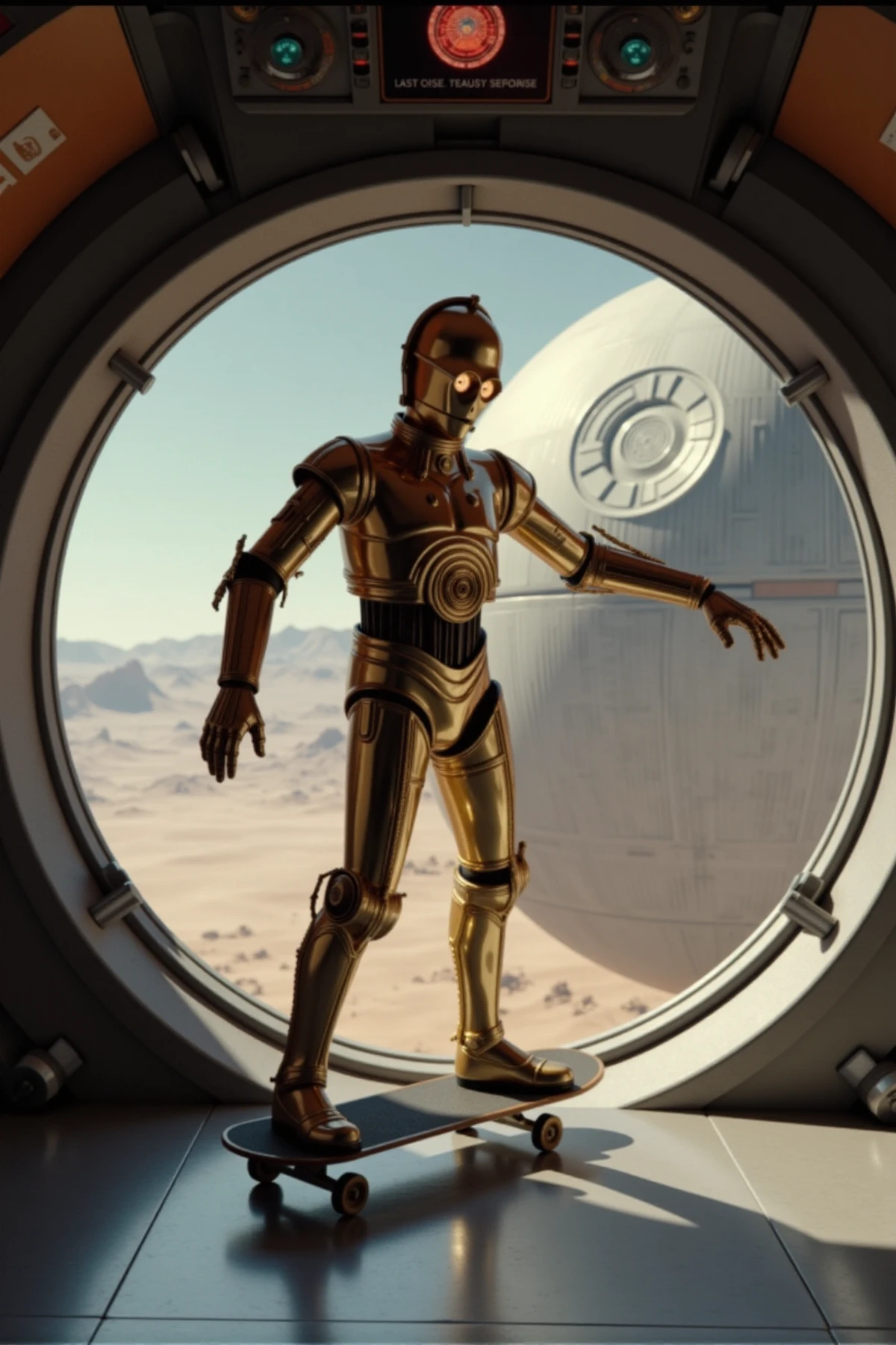 C3PO is skateboarding in a spaceship. The deathstar in space is visible through a window. Star wars. highly detailed  <lora:C3PO:0.9>