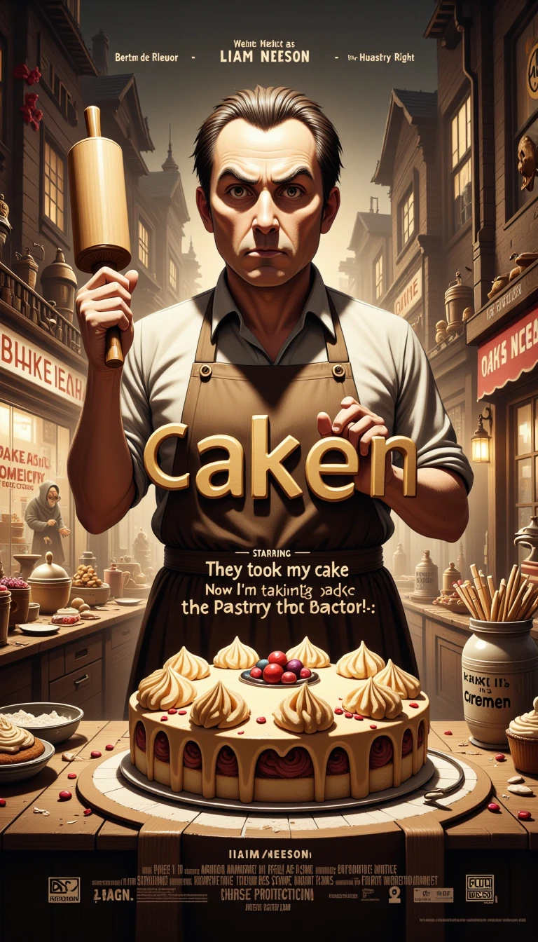 A parody poster with the printed title: Here is a stable diffusion image generation prompt with a movieer theme, parodying the movie " Ta
"Caken"
A parody movie poster featuriam Neeson as a stern-looking baker, holding a rolling pin in one hand and a giant cake in the other, with a determined expression on his face.
In the background, a cityscape with bakery storefronts and cafes, but with a dark and gritty tone, hinting at the "taken" concept.
Tagline: "They took my cake. Now I'm taking back the bakery."
Credits at the bottom of the poster: "Starring Liam Neeson as Bertrand, the Pastry Protector", "Directed by Pierre de Crème", "Produced by Flour Films and Yeast Productions".
The title "Caken" is in bold, golden frosting font, dripping with sugary icing, and surrounded by edible decorations like gumdrops and sprinkles.
Liam Neeson's baker character has a few crumbs on his apron and a sprinkle of flour on his cheek, giving a hint of the intensity and action to come. He's standing in front of a wall with "Cake is a Human Right" spray-painted on it, and a few broken mixing bowls and pastry bags scattered around him.
In the top-left corner of the poster, a tiny " rated PG-13 for excessive use of creamy fillings and pastry-related violence" notation.
To the right of the title, a shadowy figure lurking in the background, representing the evil forces that stole Bertrand's precious cake.
Everything about this poster screams "over-the-top action-drama" but with a hilarious twist - a hard-hitting hero fighting for the right to bake.