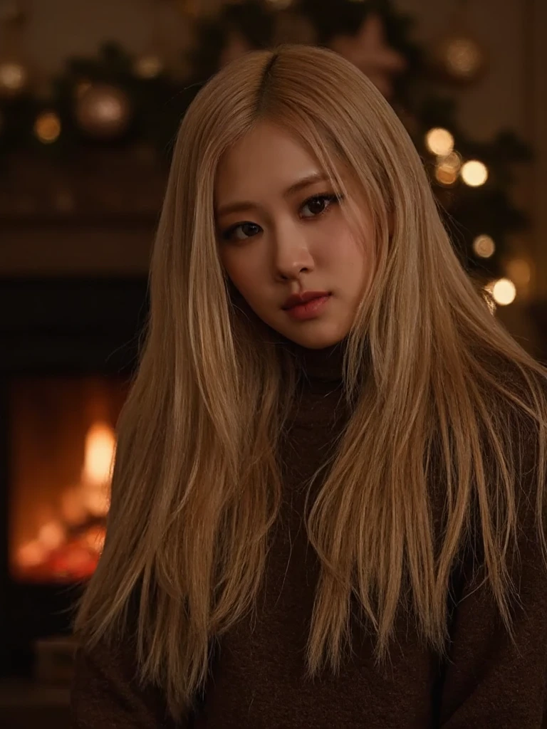 Portrait of blaros woman with long blonde hair. She is wearing a sweater. In the blurry background christmas decoration and a cozy fireplace can be seen