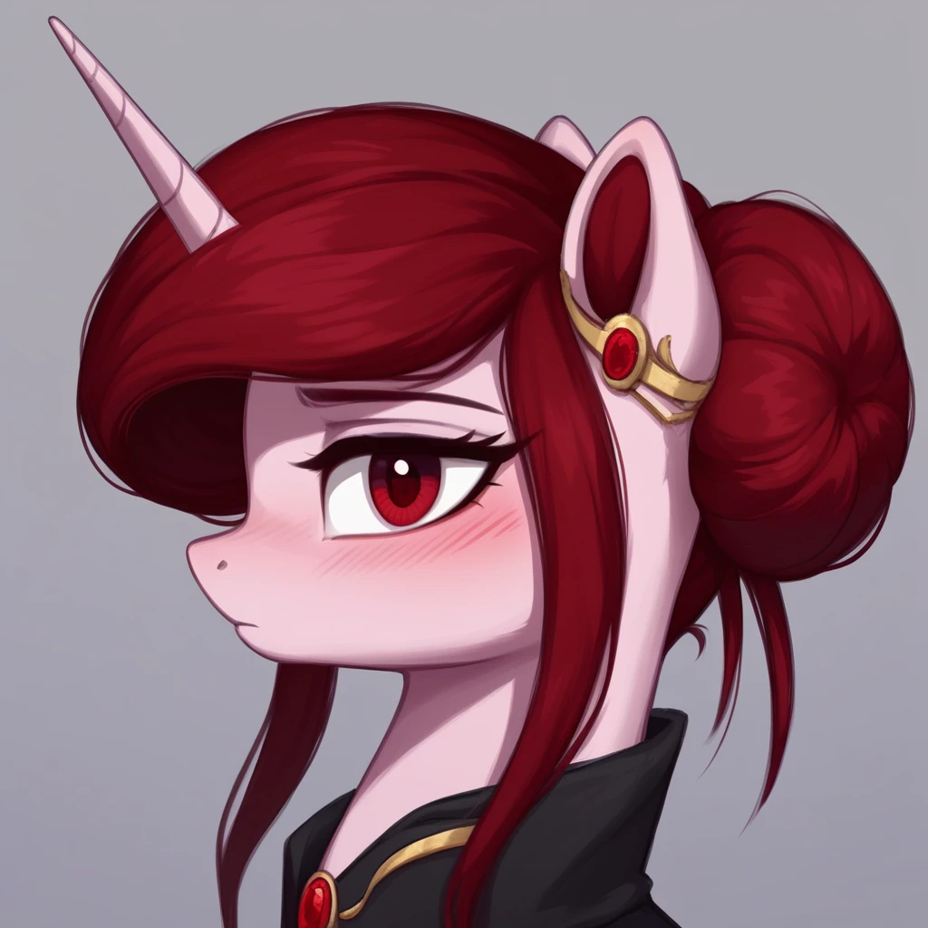 masterpiece, score_9, score_8_up, score_7_up, (best quality:1.1), ultra-detailed, high resolution, 1character, solo, Rosa Maledicta, (Queen of Blood), pony, unicorn, feral, female, mare, (((beautiful detailed red eyes))), long eyelashes, eyebrows, fluffy pony ears, horn, tail, pale pink skin, dark red mane, hair bun, black royal cloak, jewelry, ruby ​​locket, blush, highly Visible, sharp focus, perfect lighting, shadow, anatomically correct, extremely detailed, high detail, portrait, profile, from side, expressiveh, high res, simple background