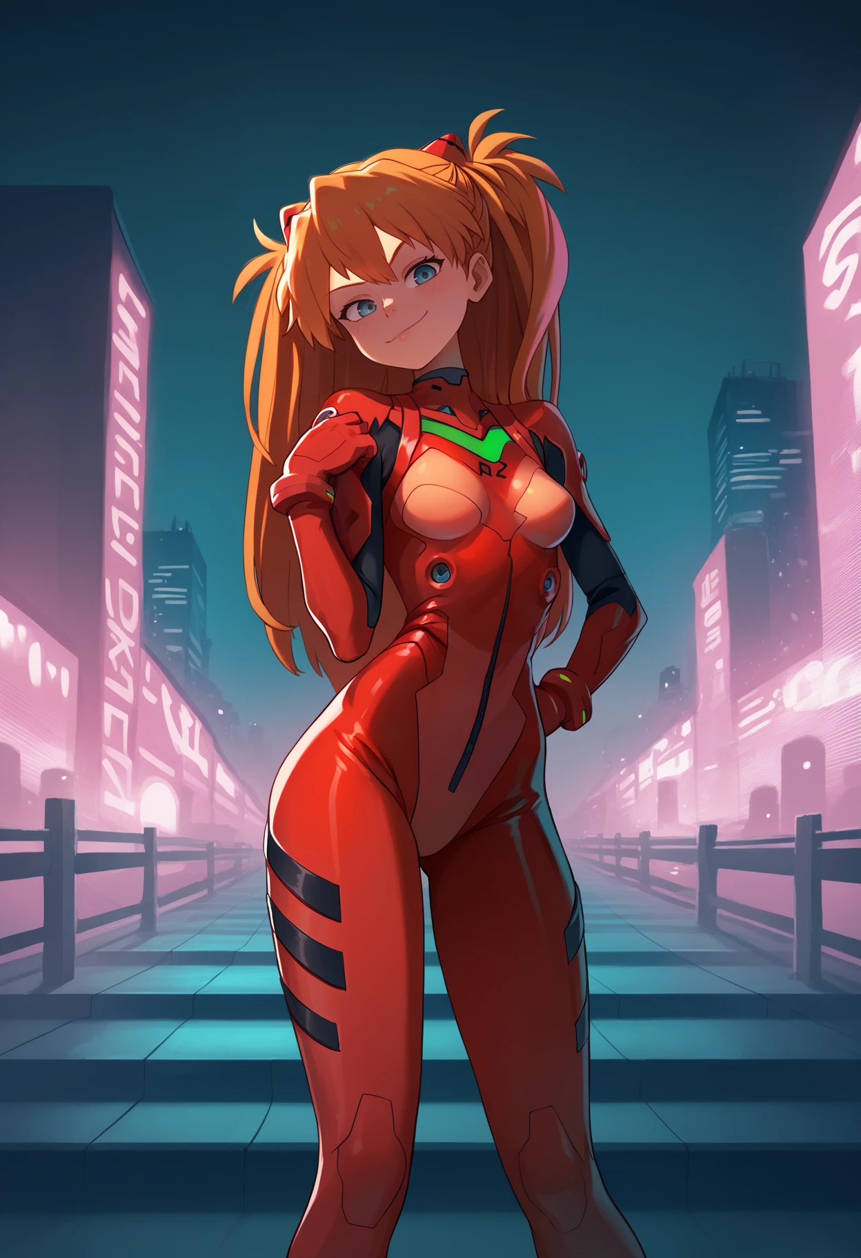 score_9, score_8_up, score_7_up, BREAK, 
1girl, asuka langley, red plugsuit, standing, smug, looking at viewer, futuristic background, neon light , buildings, night   <lora:XaxaxaXLLocon_byKonan:1>