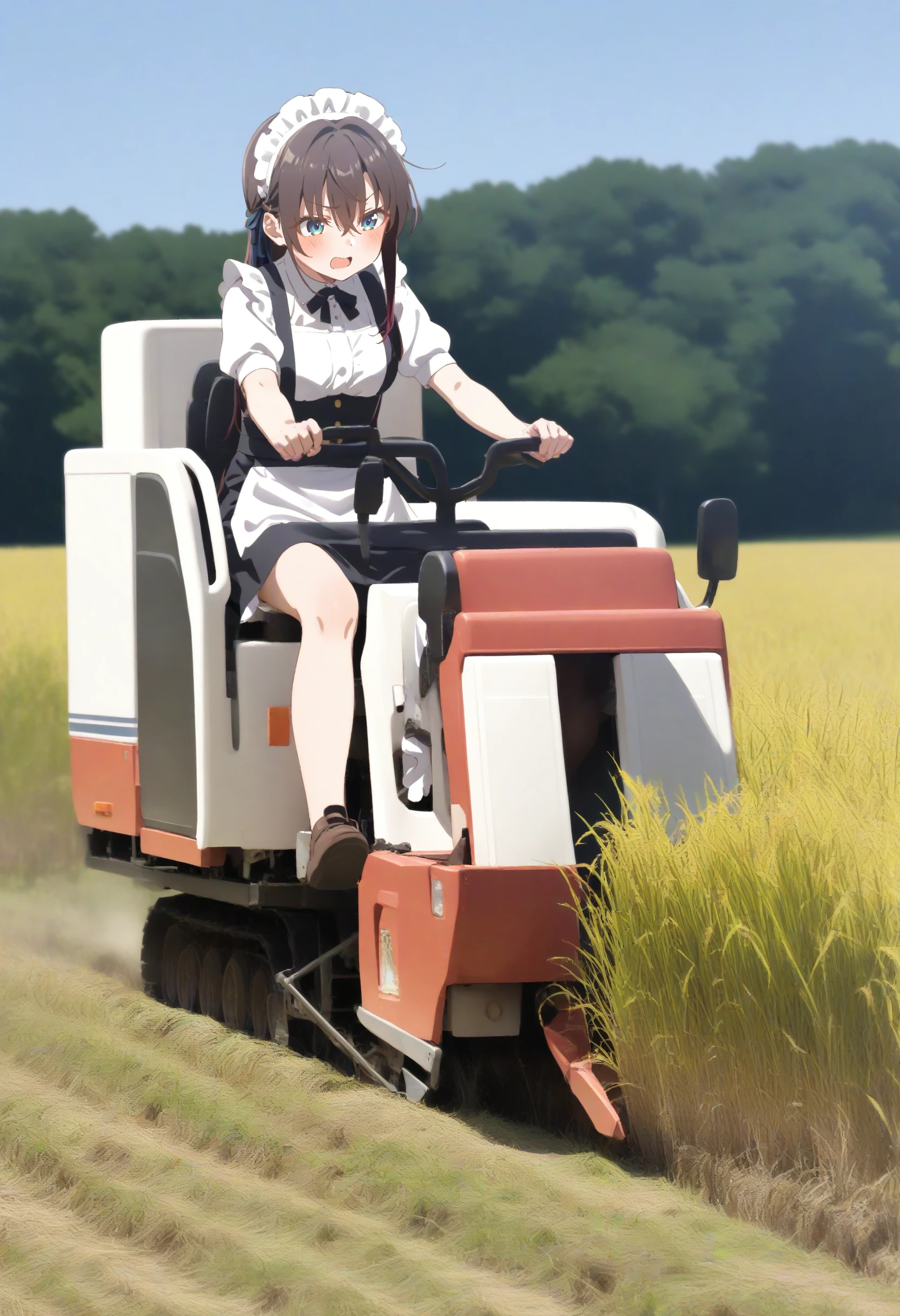 1girl,sincos, ningen mame, toosaka asagi,solo,medium breasts,20yo,maid,maid headdress,
combine harvester,ground vehicle,motor vehicle,grass,outdoors,day,sky,driving,sitting,field,<lora:combineharvester_XL_v1:0.7>
best quality, very aesthetic, absurdres