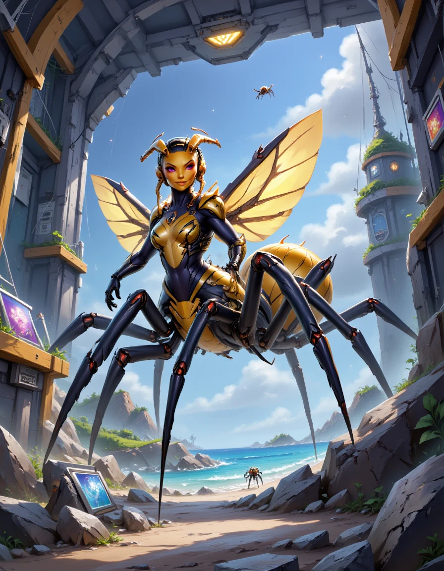 4r4chn1d, bee, in a location that can be described with the keywords A cyberpunk school, where students learn in virtual classrooms and train in augmented reality simulations.