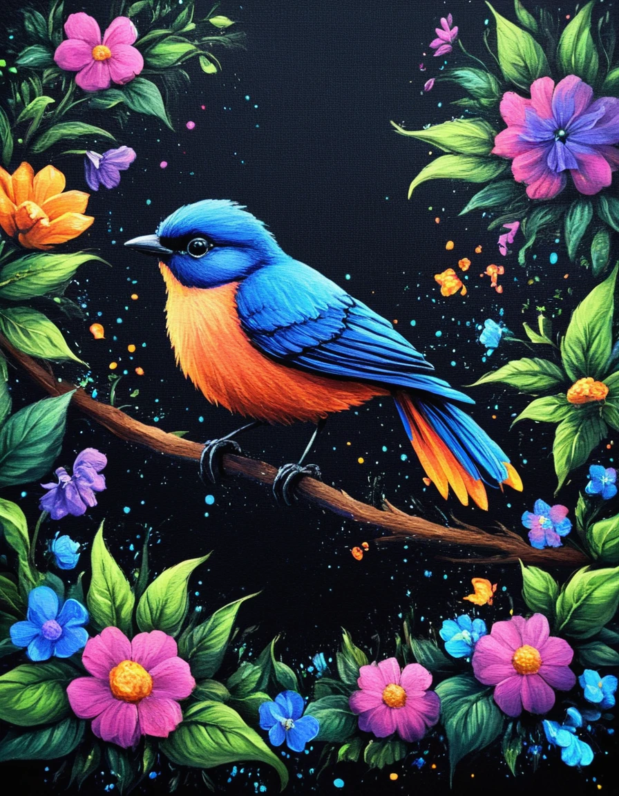 novuschroma49 style Bird Garden  as a painting on black canvas <lora:novuschroma49 style_2:1>