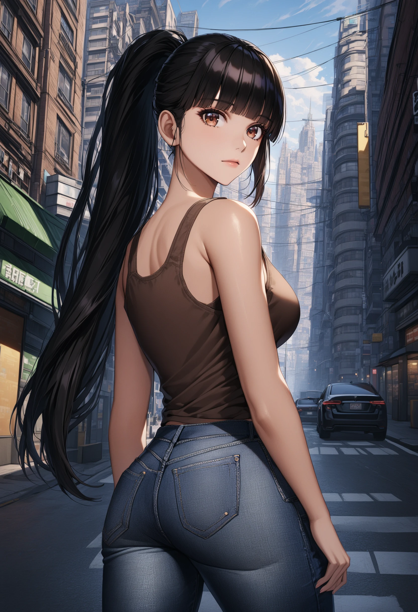 sysdeep_eve, 1girl, solo, long_hair, large_breasts, black_hair, closed_mouth, ponytail, blunt_bangs, brown_eyes, city, outdoors, street, day, jeans, tank-top, looking_behind, looking_at_viewer, <lora:Eve - [Stellar Blade] - SDXL Version 1:0.8>