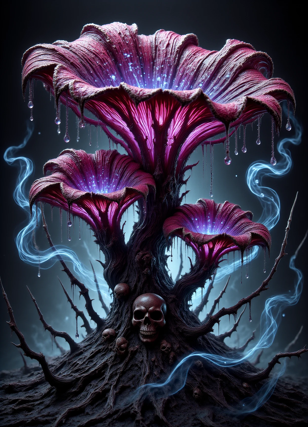 magenta medium-sized trumpet-shaped hairy mushroom, lustrous, papery, root interlocking, grassland, subcespitose, bioluminescence,   broad ring, indanthrone blue gradually tapering and truncate base, remedy components, }