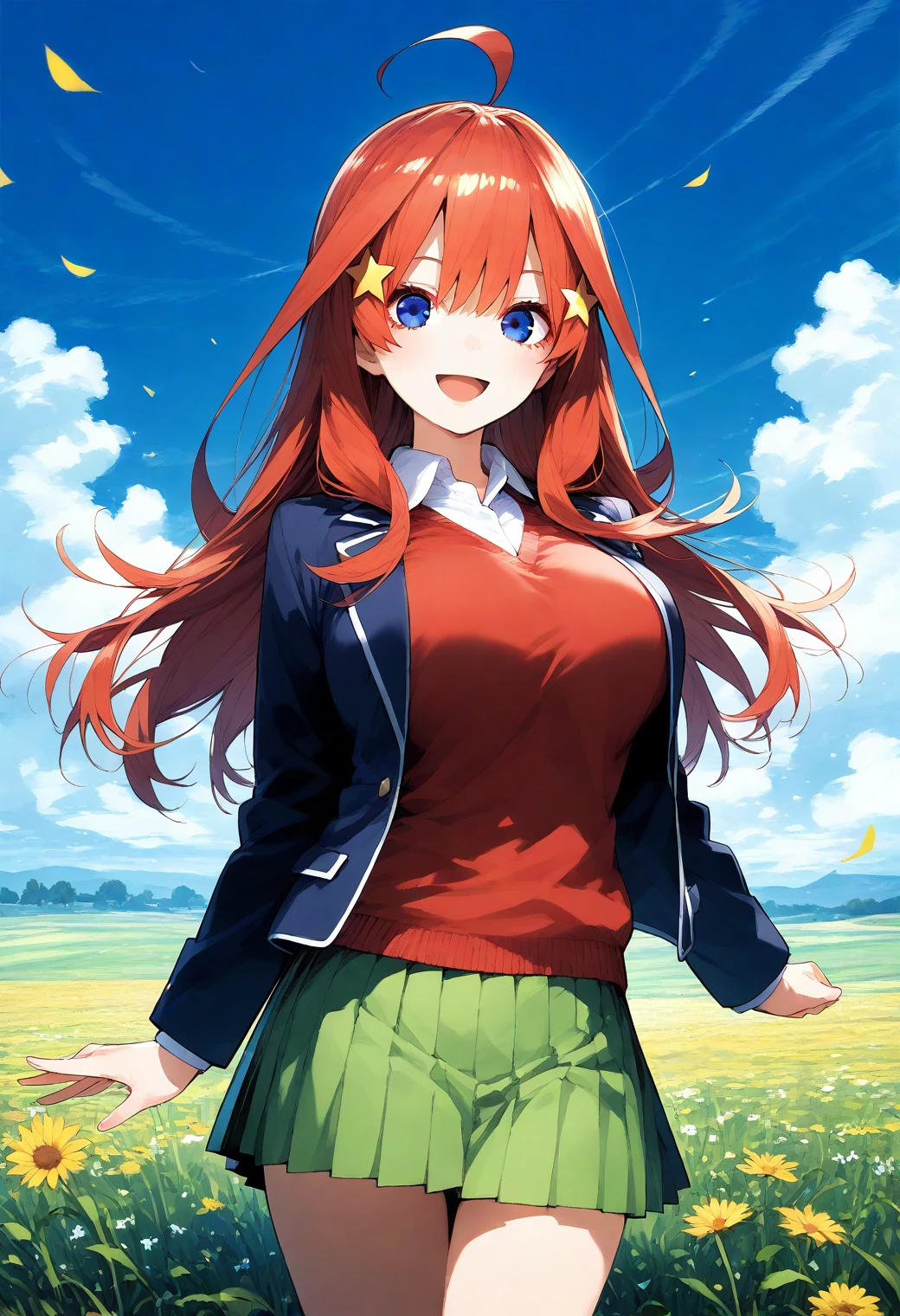 1girl, solo, (field:1.2), (blue sky:1.2), large breasts, smile, (cowboy shot, dynamic pose:1.4), 
nakano_itsuki, blue eyes, red hair, long hair, ahoge, hair ornament, blue jacket, blazer, red sweater vest, long sleeves, green skirt, pleated skirt, <lora:nakano_itsuki_pony_ver2:0.7>, score_9, score_8_up, score_7_up, source_anime, best quality, uncensored, rating_safe,