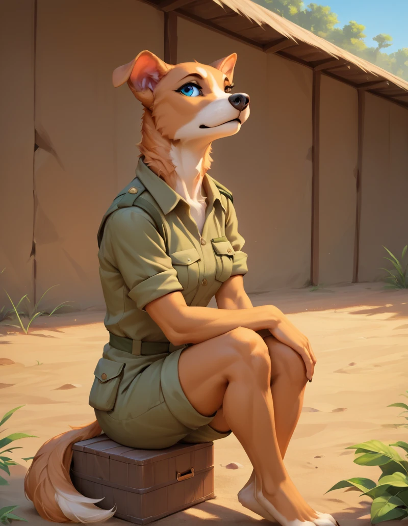 score_9, score_8_up, score_7_up, score_6_up, score_5_up, score_4_up, source_furry, rating_sfw, highly detailed, masterpiece, solo, 1girl, (anthro dog female:1.2), safari_outfit, savannah, feral lions in background, <lora:Safari_Outfit_-_Female.safetensors:0.8:0.8>