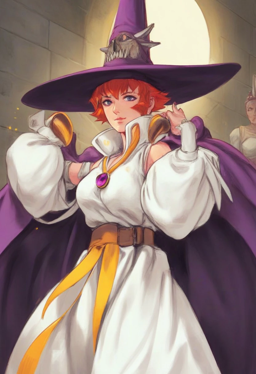 score_9, score_8_up, score_7_up, best quality, masterpiece, 4k, very aesthetic, BREAK, smirk,
BREAK,
1girl, solo, Tabasa, blue eyes, short hair,orange hair, large breasts,nail polish,witch hat,purple cape, bridal gauntlet,detached sleeves,cleavage, bare shoulders,yellow belt, jewelry, brown boots