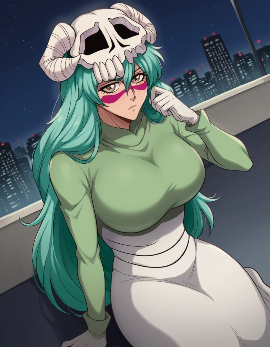 score_9, score_8_up, score_7_up, source_anime, <lora:nelliel-tu-odelschwanck-anime-ponyxl-lora-nochekaiser:1>, nelliel tu odelschwanck, long hair, green hair, facial mark, skull, brown eyes, green hair, large breasts,, espada suit, dress, white dress, long sleeves, collar, skirt, white skirt, gloves, white gloves,, city skyline, rooftop view, night time, city lights, quiet reflection, , , foot on ground, hand on shoulder, elbow out, solo,, cowboy shot, dutch angle