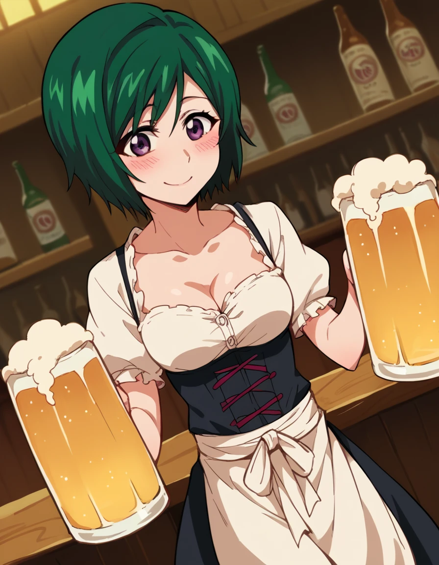 score_9, score_8_up, score_7_up, source_anime, <lora:nozomi-kujo-anime-ponyxl-lora-nochekaiser:1>, nozomi, short hair, green hair, purple eyes,, <lora:dirndl-ponyxl-lora-nochekaiser:1>, dirndl, german clothes, beer mug, collarbone, cleavage, beer, underbust, waist apron,, indoors, bar, smile, blush,, , cowboy shot, dutch angle