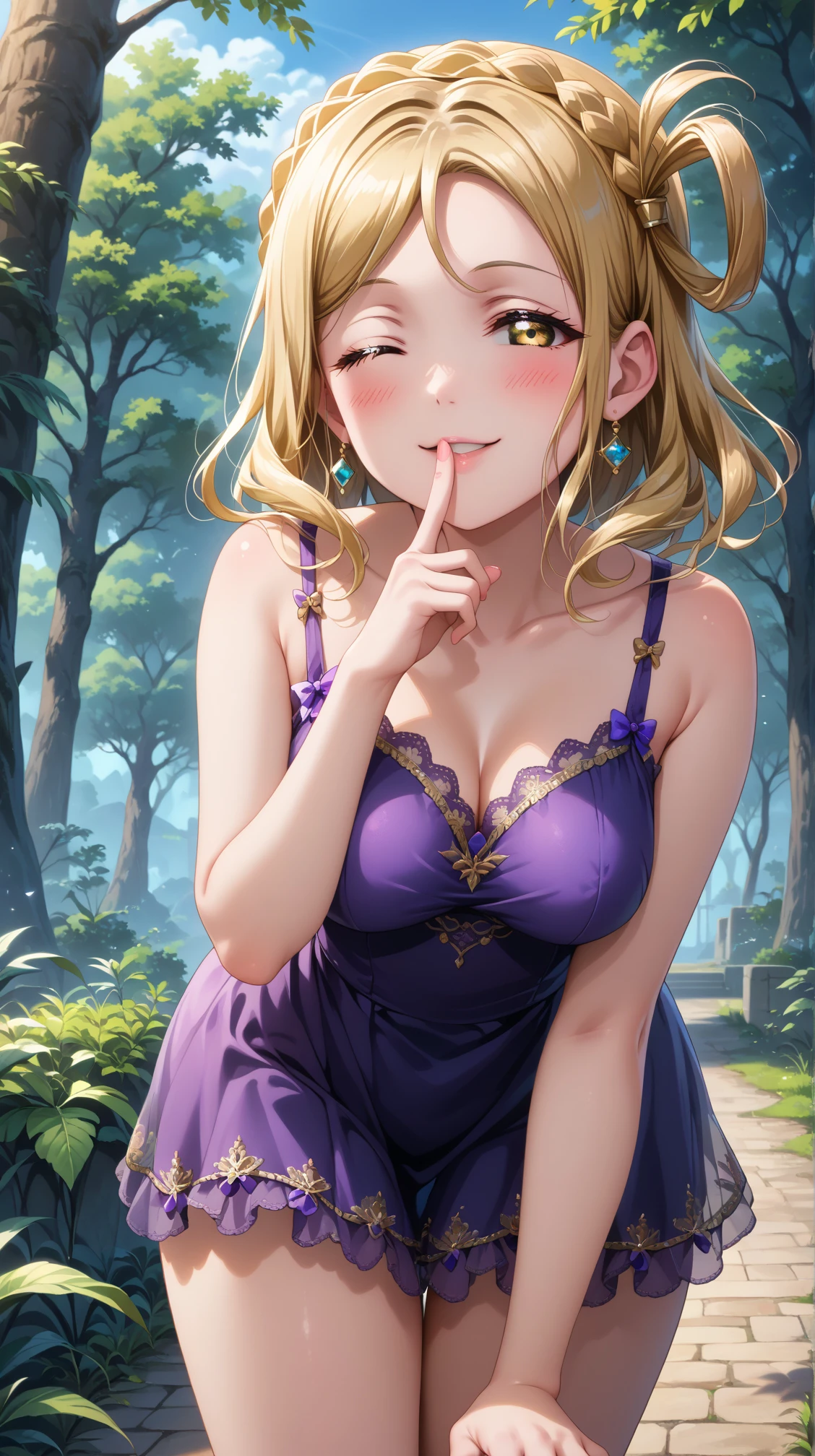 score_9, score_8_up, score_7_up, solo, 1girl, oharamari, blonde hair, yellow eyes, crown braid, hair rings, looking at viewer, medium breasts
purple dress, blush, standing, leaning forward, seductive smile, one eye closed, parted lips, half-closed eyes,
(thighs), cowboy shot, outdoors, greenery, sky, finger to mouth,
<lora:mari-04:1>