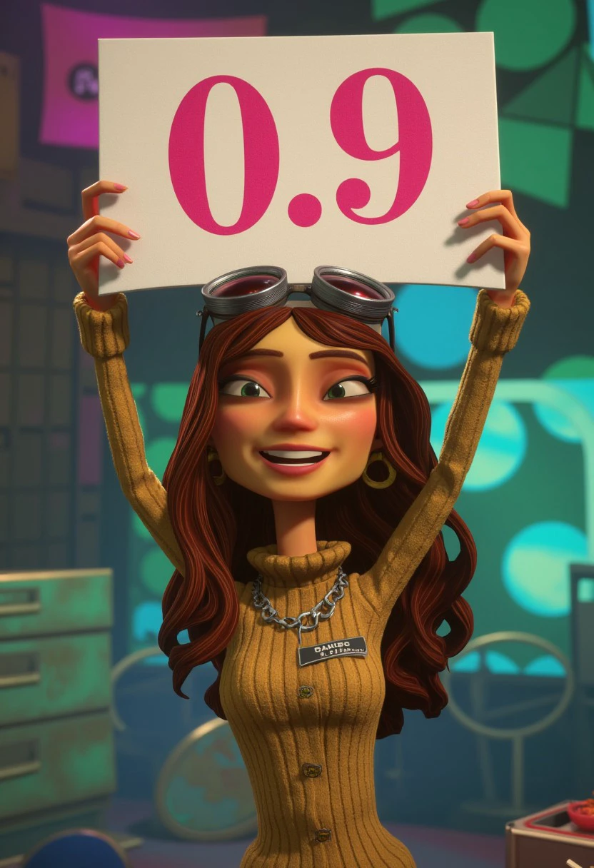 psychonautstyle, a beautiful woman holding up a sign with "0.9" on it.