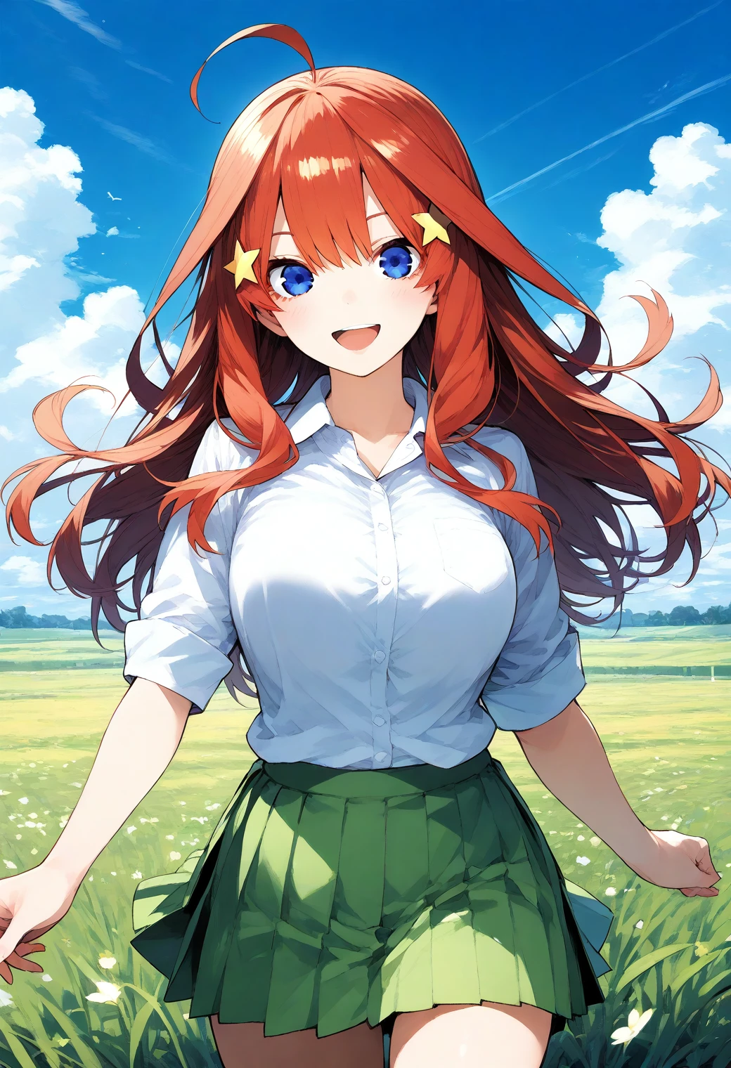 1girl, solo, (field:1.2), (blue sky:1.2), large breasts, smile, (cowboy shot, dynamic pose:1.4), 
nakano_itsuki, blue eyes, red hair, long hair, ahoge, hair ornament, white shirt, collared shirt, green skirt, pleated skirt, <lora:nakano_itsuki_pony_ver2:0.7>, score_9, score_8_up, score_7_up, source_anime, best quality, uncensored, rating_safe,