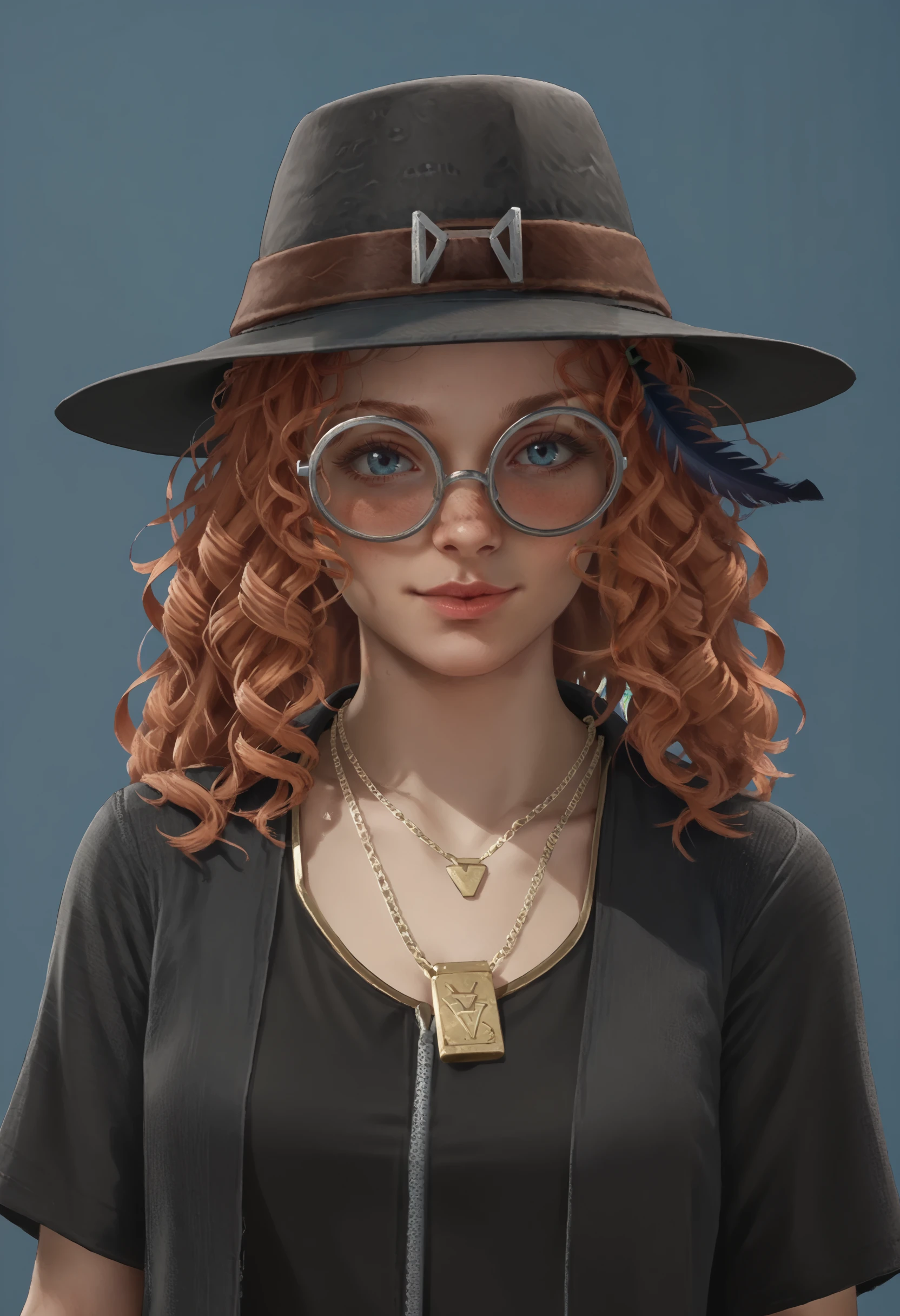 score_9, score_8_up, score_7_up, score_6_up, score_5_up, score_4_up, 1girl, <lora:MikaelaReidDBD:0.8> solo, long hair, orange hair, curly hair, lips, hat, jewelry, glasses, round eyewear, necklace, shirt, belt, bracelet, upper body, standing, smile, blush, 
(light blue background:1.2), simple background,