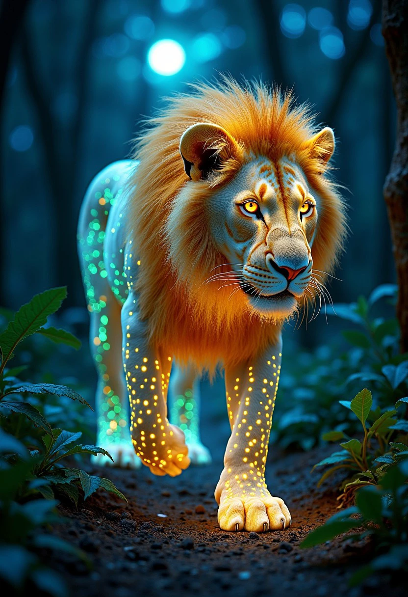 Imagine a majestic lion, its entire form shimmering with a bioluminescent glow in the depths of a mystical, moonlit jungle. The lion's golden fur is interlaced with streaks of luminescent blue and green, each strand pulsing softly as if alive with energy. Its mane is a halo of light, radiating a soft, ethereal glow that contrasts with the deep shadows of the surrounding forest. The lion’s eyes are like glowing orbs, illuminating the path ahead as it prowls through the night. The ground beneath its paws is covered in bioluminescent plants that react to its presence, lighting up with each step. The scene is otherworldly, blending the power and grace of the lion with the mysterious beauty of bioluminescence.