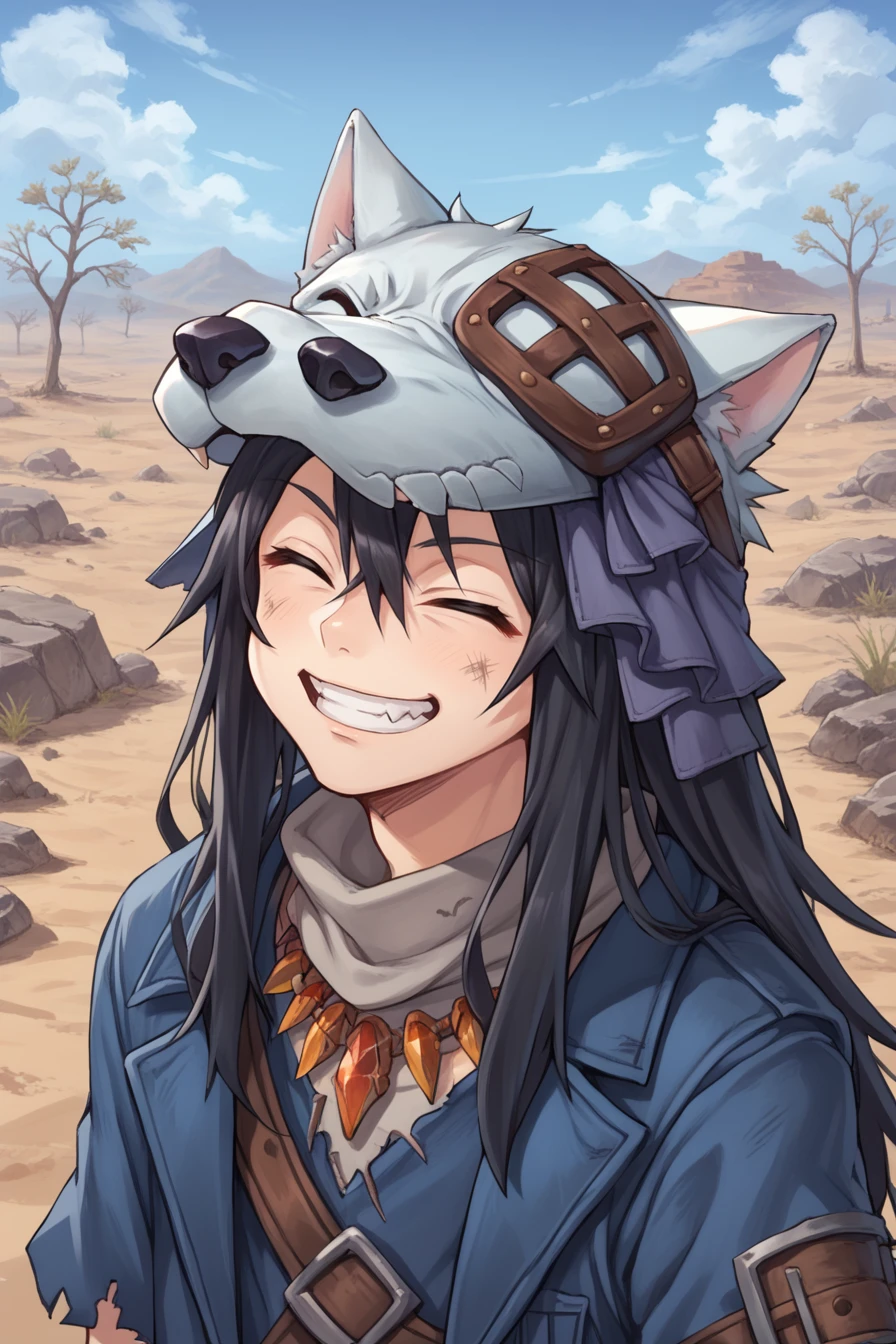 score_9, score_8_up, score_7_up, score_6_up, source_anime, BREAK, <lora:FlunkyPonyXL:0.75> , (face), close-up, fludef, 1boy, black hair, long hair, wolf hat, wolf hood, wolf pelt, grey scarf, bandana around neck, necklace, tooth necklace, fur trim, blue vest, torn clothes, grin, closed eyes, closed mouth, happy, scenery, exterior, wasteland, desert, shrubs, dead trees, (solo), <lora:backgroundsetXL:0.25> , background, village, wasteland, desert,  <lora:y0tt4:0.7> , y0tt4,