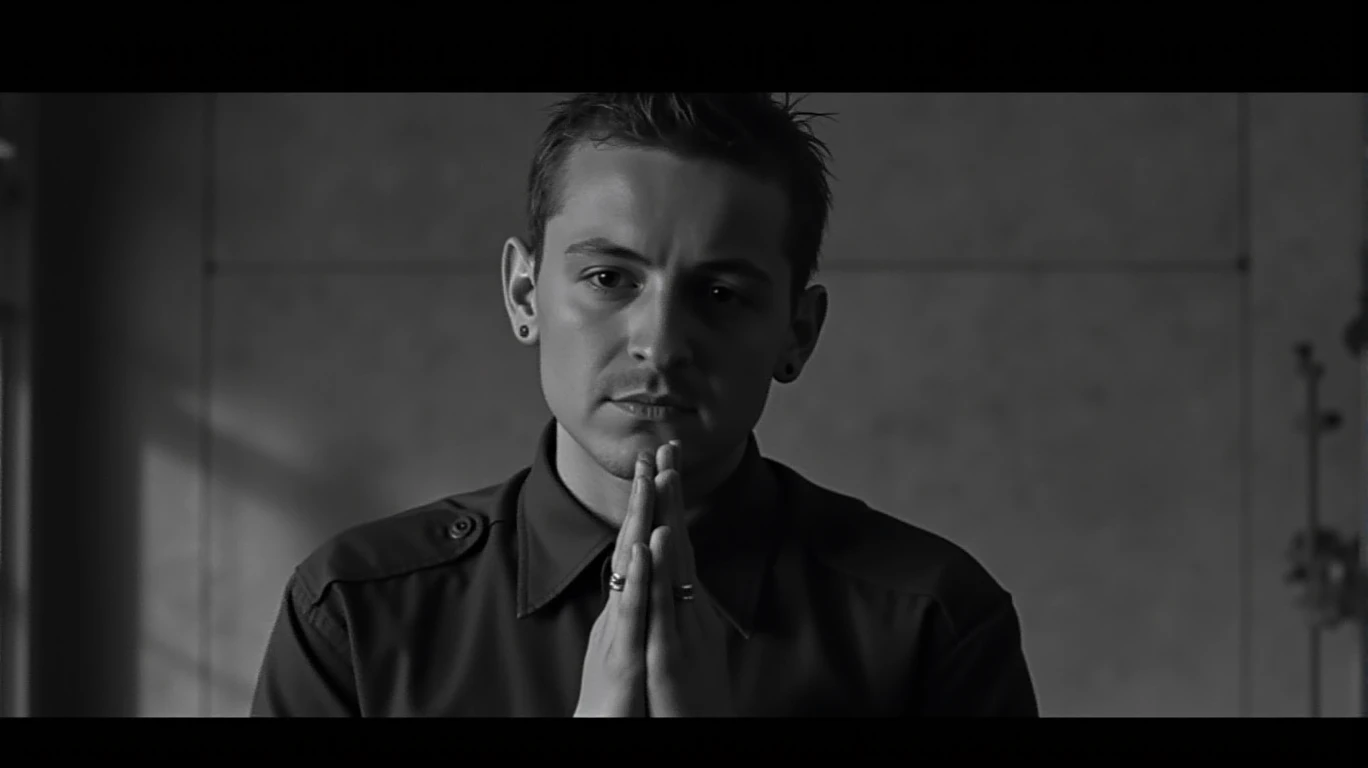 Black and white portrait photography in contemporary style. The image captures chester_numb in a thoughtful pose with his hands brought together near his face, fingers interlaced. He wears a long-sleeved shirt, and his expression is pensive, slightly melancholic. The background features a play of shadows, creating depth and contrast. Soft lighting highlights the contours of his face, giving the scene a dramatic and introspective mood. The photograph emulates the essence of emotional and artistic expression through minimalist composition.