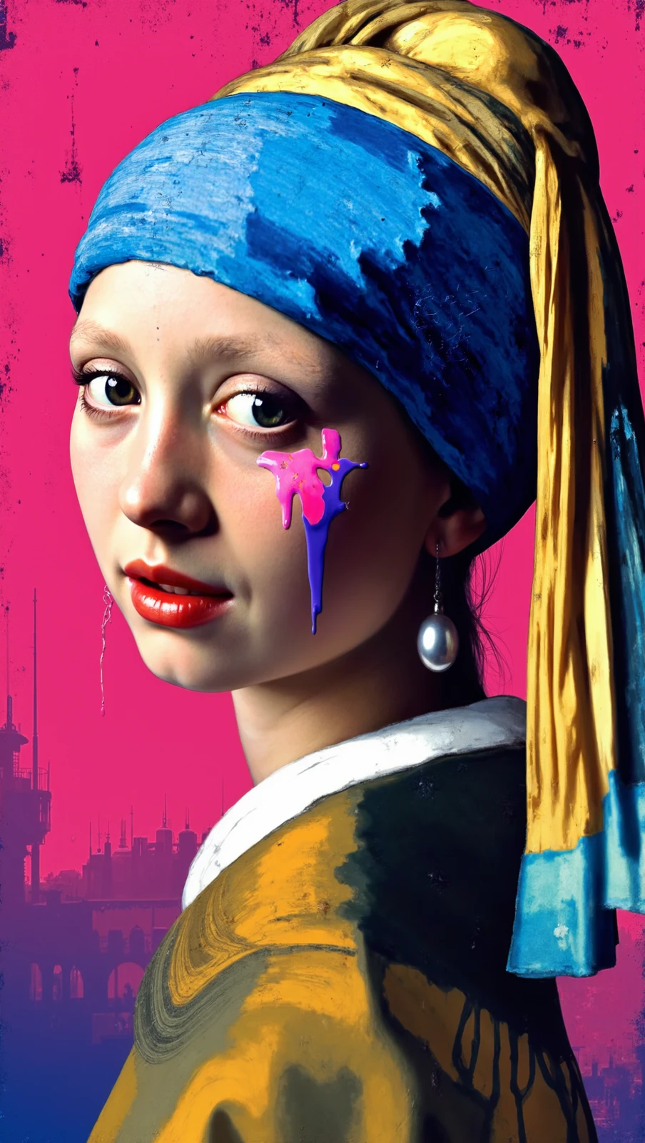 gwpe,In a mesmerizing blend of classical art and vibrant surrealism, the iconic "Girl with a Pearl Earring" is reimagined with a contemporary, avant-garde twist. Her face is adorned with vivid, neon colors that drip and flow like liquid paint, creating a striking contrast against her traditionally serene expression. The familiar blue headscarf, draped elegantly over her blonde hair, remains intact, yet it too is touched by the surreal, melting colors that cascade down her face, blending seamlessly with the modern, digital art style.

Her face, while retaining the soft features and enigmatic gaze that made Vermeer’s painting a masterpiece, now appears almost sculptural, with the bold, dripping colors adding depth and texture. The bright, fluorescent hues—ranging from electric yellows and hot pinks to deep blues—create a dynamic interplay of light and shadow, making the image pop with intensity.

The background is a gradient of vibrant colors that shift from pinks to blues, further enhancing the surreal and dreamlike quality of the scene. The overall effect is a stunning fusion of classical beauty and modern digital artistry, where the timeless elegance of "The Girl with a Pearl Earring" is transformed into a vivid, psychedelic vision, making her appear both otherworldly and captivating.

