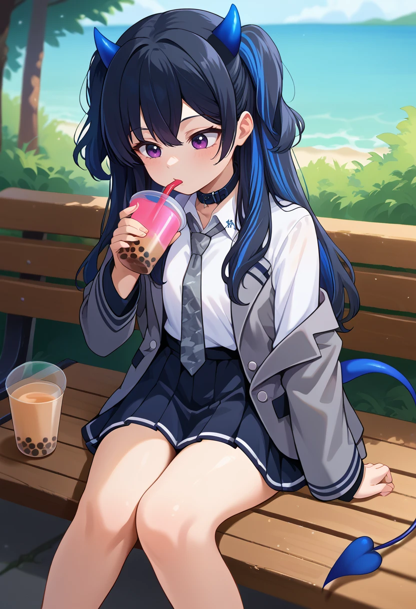 score_9, score_8_up, source_anime, 1girl, solo, IchinoseSchool, long hair, two side up, multicolored hair, blue horns, mini wings, blue tail, belt collar, white shirt, wing collar, grey necktie, grey blazer, black skirt, outdoors, sitting, on bench, drinking, sipping, straw, bubble tea, <lora:ChamIchinoseUruhaPonyXL:1>