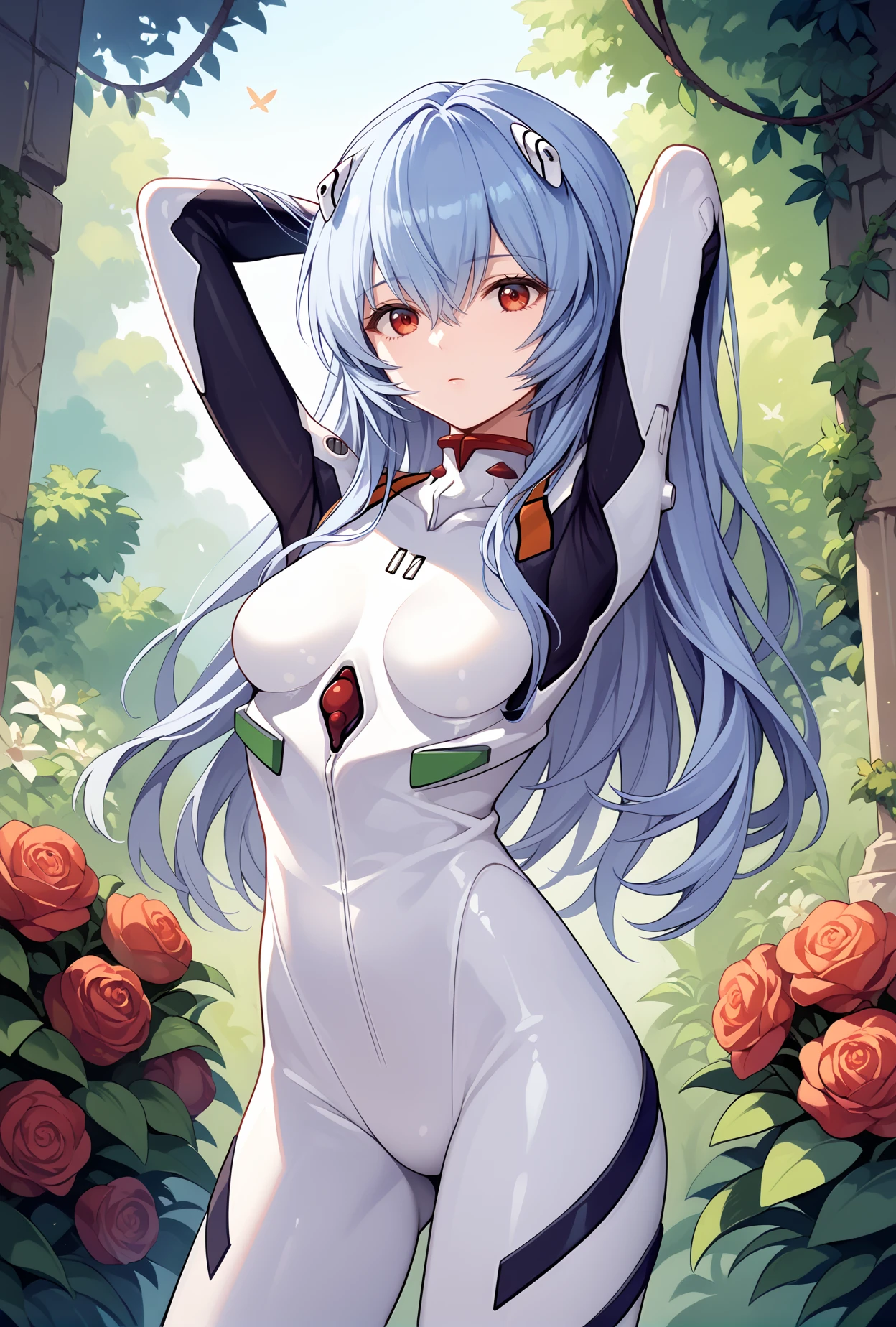 score_9, score_8_up, score_7_up, score_6_up, score_5_up, score_4_up,anime source,teenage,
1girl,ayanami rei, expressionless,long hair,
standing,arms behind head,garden,
 Evasuit00, white bodysuit,plugsuit,   <lora:Evasuit00XLPony:1>