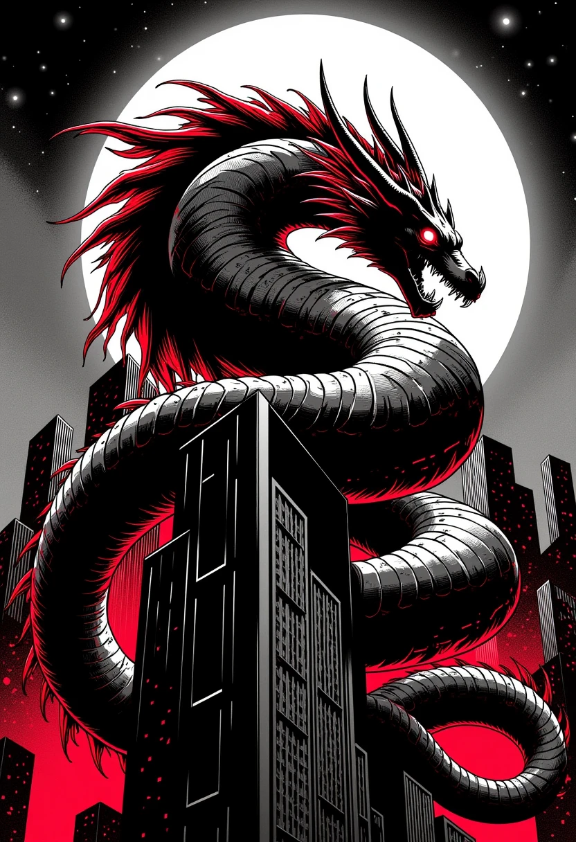 <lora:lnrnr_flux_EliPot:1>, (noir comic style with grey with red accents hues), a serpentine dragon with horns and red fur coiling around a skyscraper in a city, at night with white moon in background,