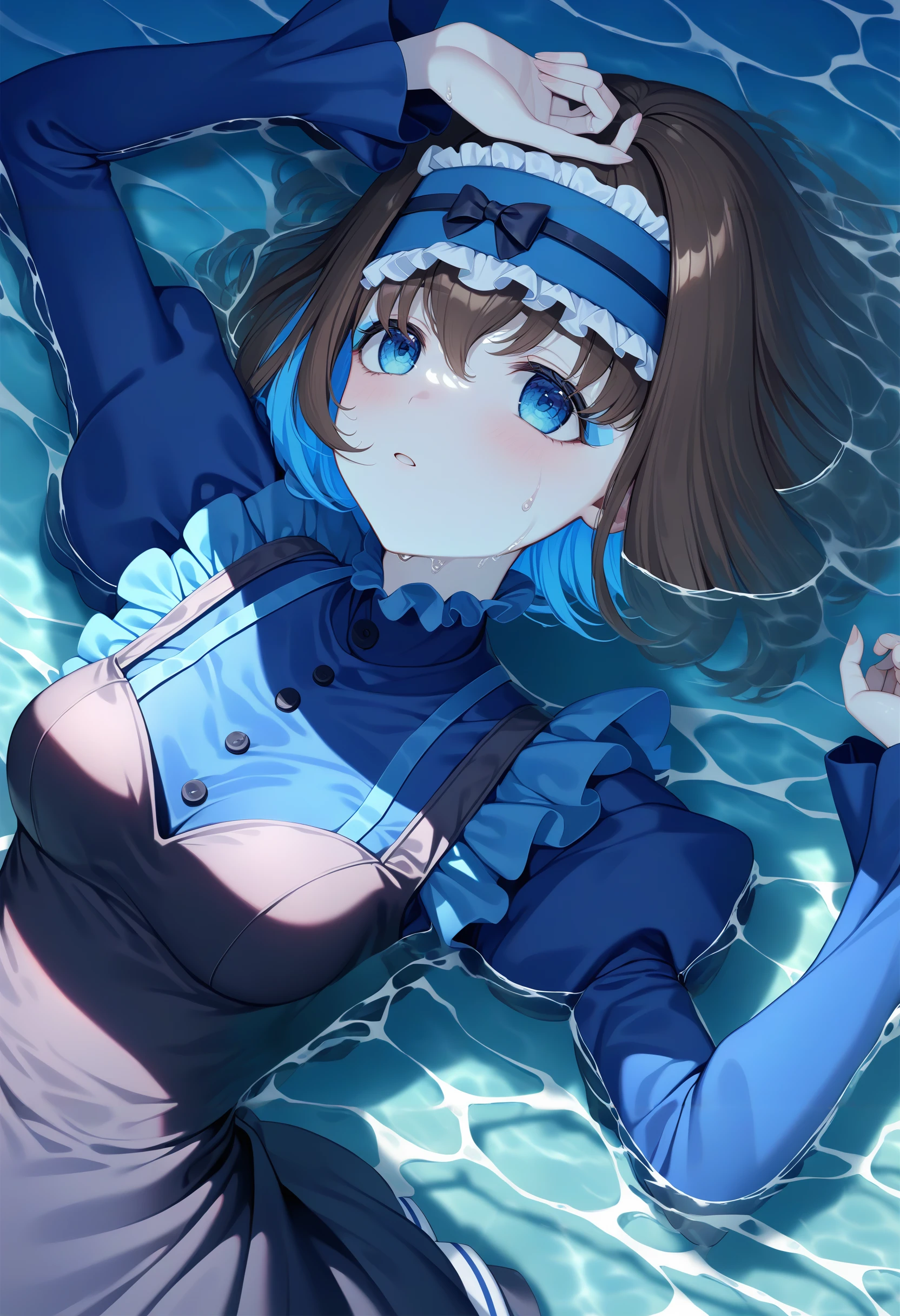 1girl,Garie,solo,, , frilled dress, puffy sleeves, , juliet sleeves,
afloat,water,on back, partially submerged, dappled sunlight, shadow,from above, wet dress, wet hair,wet clothes, looking up, shadow,half-closed eyes, 
,depth of field, masterpiece,best quality, ultra-detailed,official wallpaper,highres,  ultra-detailed 8k wallpaper, extremely clear   , newest,  <lora:garie_loha_v5-000007:1>