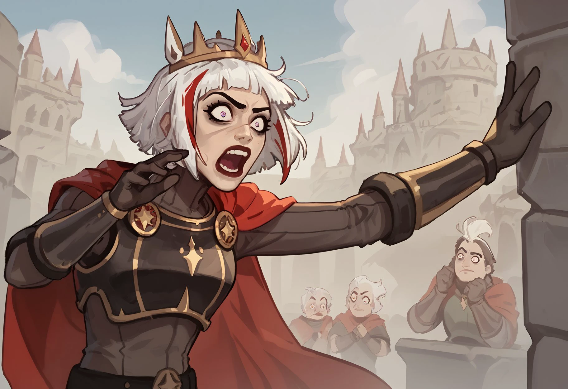 score_9, score_8_up, score_7_up, score_6_up BREAK, pepe_silvia, open mouth, crazy eyes, 1girl, solo, short hair, white hair, multicolored hair, makeup, scar, crown, armor, gloves, bracers, bodysuit, cape  <lora:Ulfger_PDXL:0.6> <lora:add-detail-xl:0.3> <lora:CptPopcornLycoXL:1> <lora:pepe_silvia_v1_pruned:0.7>