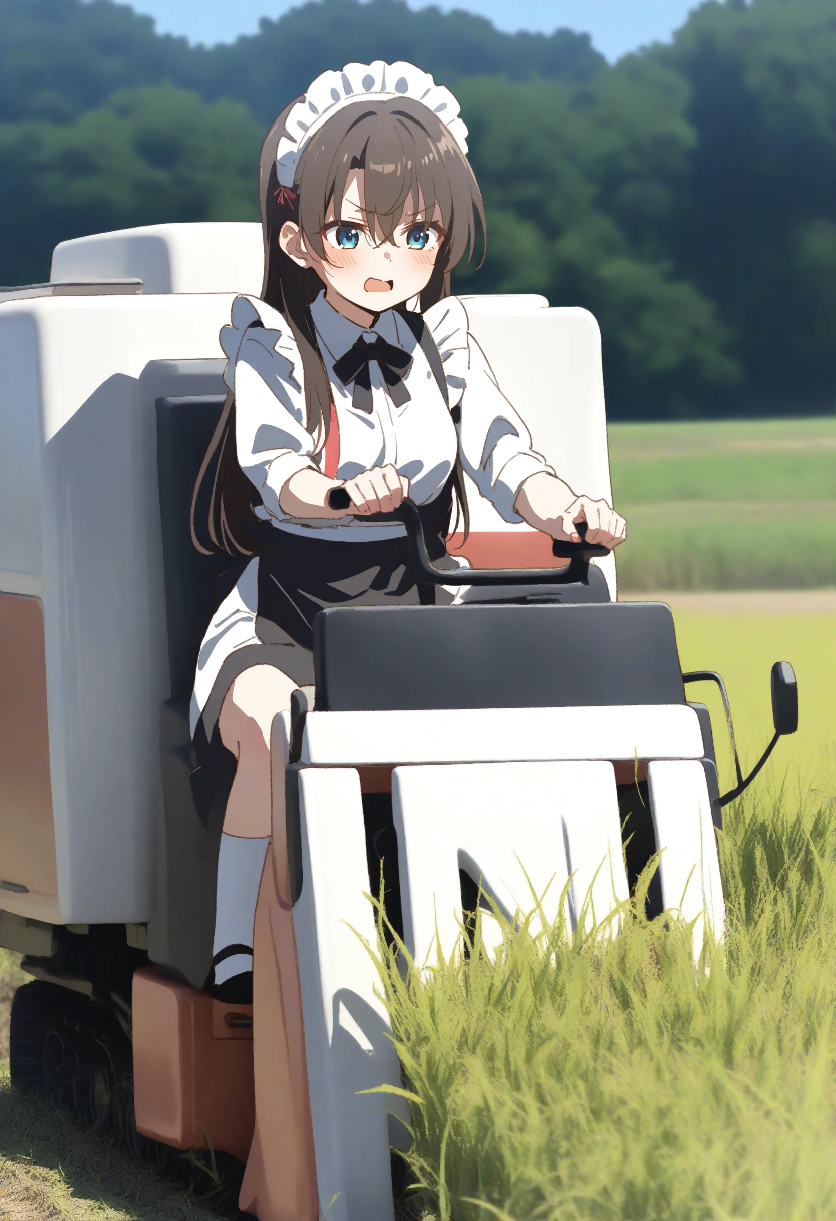 1girl,sincos, ningen mame, toosaka asagi,solo,medium breasts,20yo,maid,maid headdress,
combine harvester,ground vehicle,motor vehicle,grass,outdoors,day,sky,driving,sitting,field,<lora:combineharvester_XL_v1:0.7>
best quality, very aesthetic, absurdres