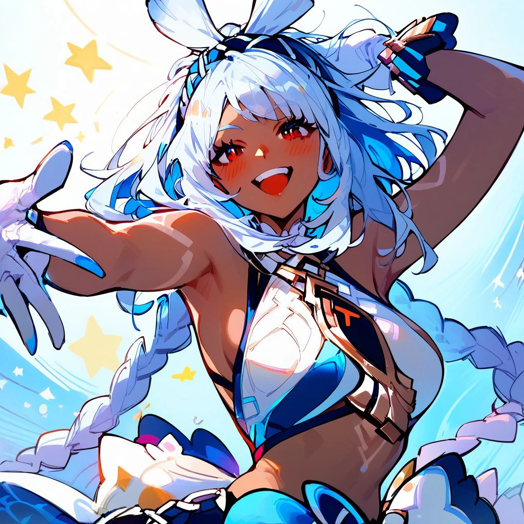 score_9, score_8_up, score_7_up, mualaniGi, white hair, blue hair, braid, hairband,dark-skinned female, red eyes,long hair, twin braids,smile, nail polish, looking at viewer, blue nails, open mouth, armpits, breasts, hairband, blush, long hair, bangs, white gloves, teeth, midriff, bare shoulders, bright lighting, gorgeous background,