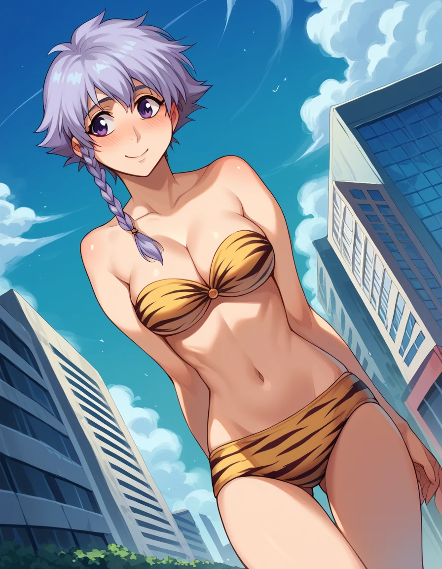 score_9, score_8_up, score_7_up, source_anime, <lora:isane-kotetsu-anime-ponyxl-lora-nochekaiser:1>, isane kotetsu, short hair, braid, purple hair, purple eyes, hair braid,, <lora:lum-cosplay-ponyxl-lora-nochekaiser:1>, lumcosplay, navel, cleavage, swimsuit, bikini, strapless, animal print, yellow bikini, tiger print, strapless bikini,, outdoors, cityscape, street, smile, blush,, , cowboy shot, dutch angle