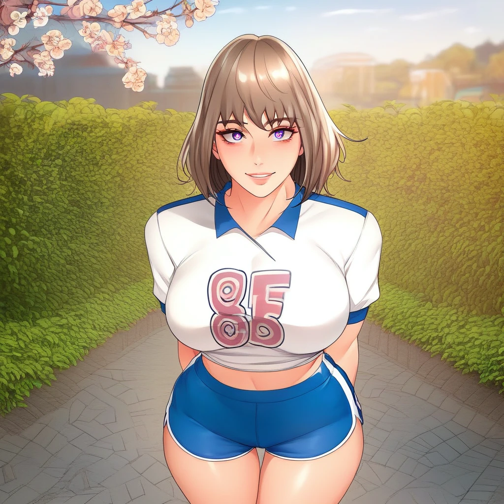 score_9, score_8_up, score_7_up, ASCII masterpiece, source_anime, BREAK, 1girl, solo, (( <lora:na-hyun:1> , na-hyun, small waist, wide hips, beautiful skin, beautiful purple eyes, clear eyes, bright pupils, beautiful eyes, beautiful light brown hair, beautiful short bob hair, bangs, huge and shaggy breasts, natural beauty, extraordinary beautiful woman, attractive woman, super sexy woman, lustful body, sexy woman with seductive obscene body, sensual body, voluptuous body, sexy beauty, no piercings, no piercing, )), ((short sleeves white shirt, midriff, sexy blue sport shorts, long white socks, white training shoes, )) , looking at viewer, uncensored, sexy pose, beautiful smile, outdoor, park, looking at viewer, horny, seductive, cute pose, cowboy shot, front view, excited, hands behind back,