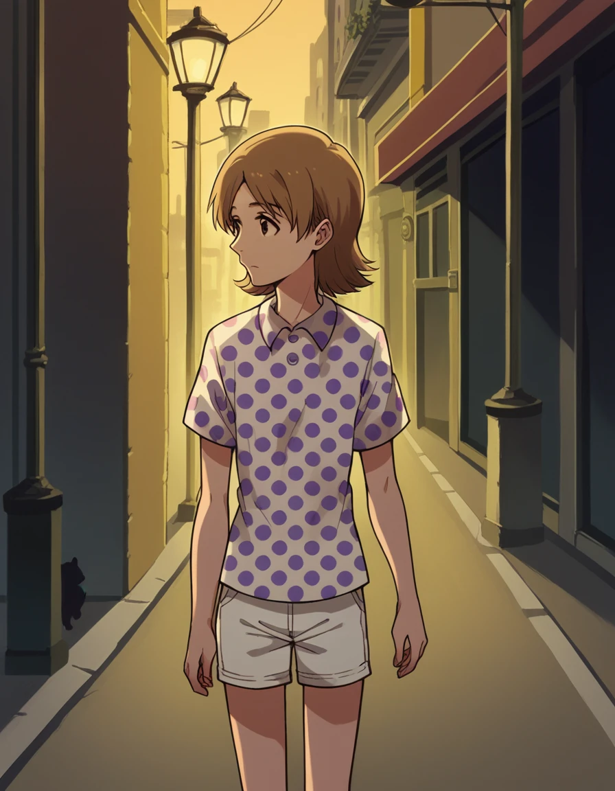 score_9, score_8_up, score_7_up, source_anime, <lora:yuzu-kurosaki-anime-ponyxl-lora-nochekaiser:1>, yuzu, short hair, brown hair, brown eyes,, shirt, short sleeves, shorts, polka dot, white shorts,, city street, evening, streetlights, walking dog, quiet neighborhood, gentle breeze, , , elbow bent, hand on thigh, foot pointed, solo,, cowboy shot, dutch angle