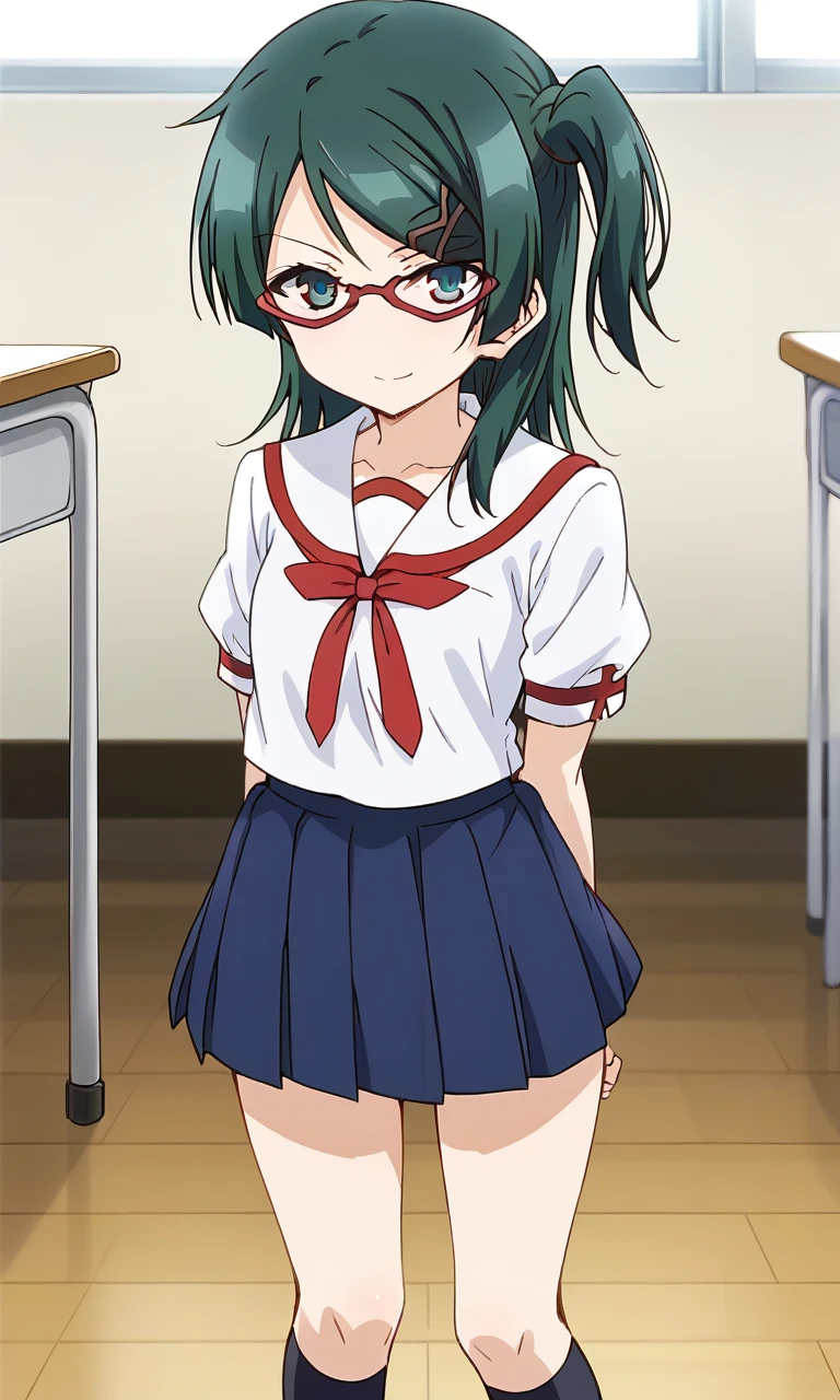 Suzuka_Kurihara, glasses, hairclip, semi-rimless eyewear, red-framed eyewear, skirt, hair ornament, long hair, school uniform, short sleeves,  kneehighs, uwabaki, masterpiece, details 