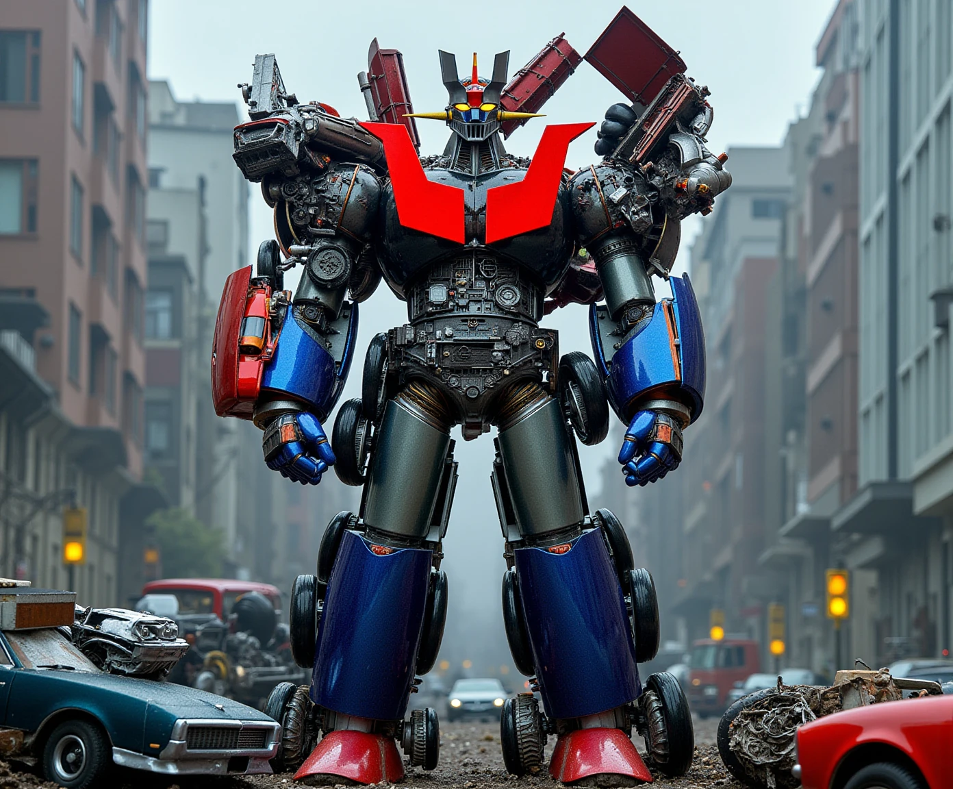 Create a highly detailed, realistic image of Mazinger reimagined as if it were constructed from parts of cars, similar to a Transformer. The robot should have a complex, mechanical design where the body is made up of car components such as hoods, doors, wheels, and engine parts. The chest could be formed from the front grilles of several vehicles, with headlights glowing like eyes, and the limbs made from tires, axles, and suspension systems. The arms and legs should feature a mix of car doors, fenders, and exhaust pipes, with some parts still showing recognizable logos or details from the original cars.
The face of Mazinger Z should retain its iconic look but be made of car components, such as a helmet formed from a car roof, with a grille as the mouth and headlight eyes. The overall design should emphasize the hybrid nature of the robot, with a patchwork of different car brands and models visible. The scene should be set in a dynamic urban environment, with Mazinger Z in a powerful stance, surrounded by debris from the vehicles used to construct it. The lighting should highlight the metallic surfaces and the intricate assembly of car parts, creating a dramatic and cinematic atmosphere<lora:mazinger:1>