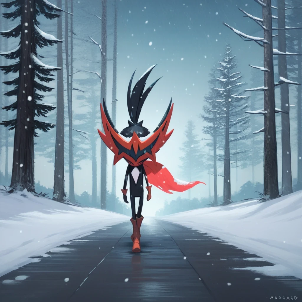 score_9,score_8,score_7, taterazay, mask, red cape, arms, high quality, hands, legs, boots, full body, background, highres, high resolution, blue sky, snowy area background, forest, snowing, epic, lonely, walking