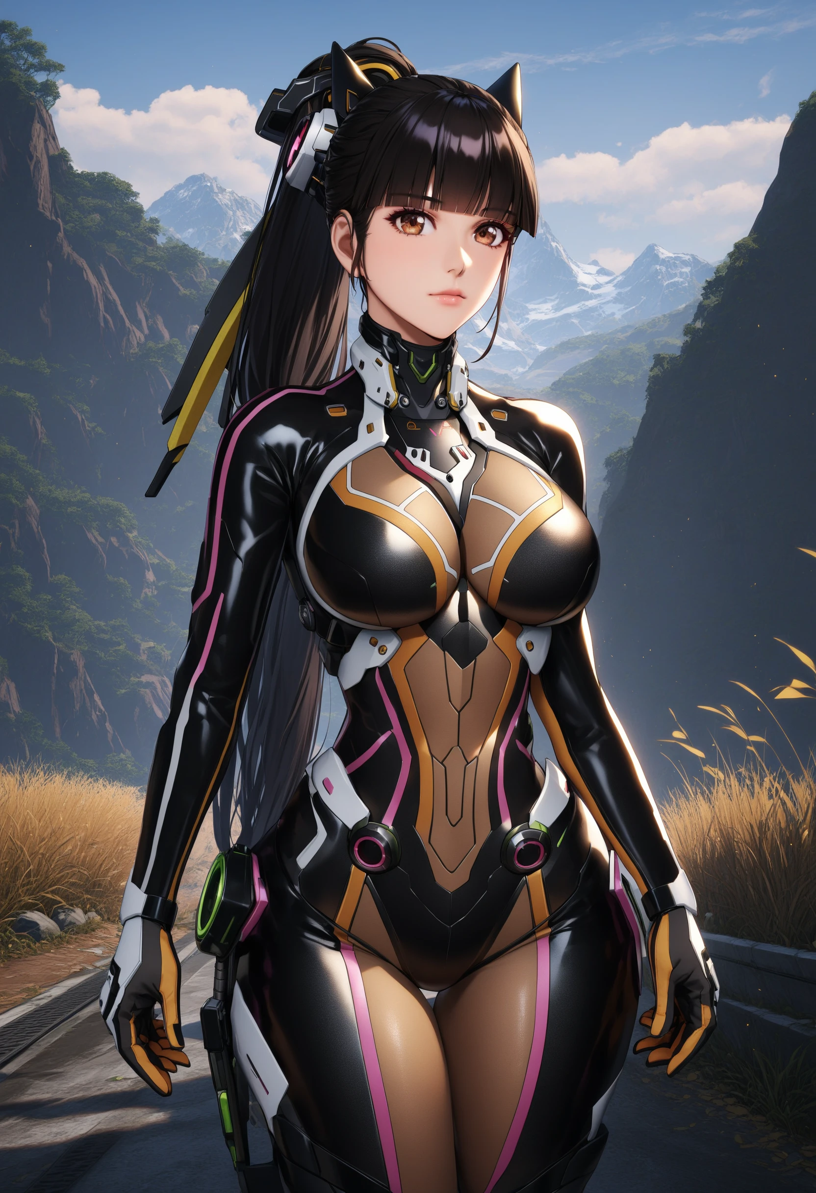 sysdeep_eve, 1girl, solo, long_hair, breasts, large_breasts, black_hair, hair_ornament, closed_mouth, ponytail, outdoors, blunt_bangs, brown_eyes, d.va_cospaly, d.va_\(overwatch\), <lora:Eve - [Stellar Blade] - SDXL Version 1:0.8>