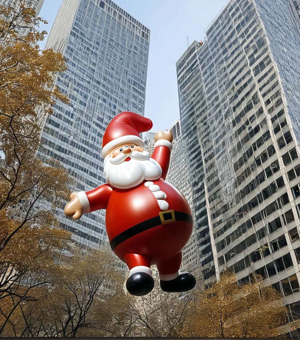 <lora:b41100n_05PN-000008:0.6>a raw photograph of (toy santa claus doll:1.5) b41100n shaped parade balloon,(floating high above:1.2) (with guide ropes:1.1),during Macy's NYC parade,with park and trees behind,with tall buildings in background,(hero shot:1.1),from below,outdoor,sunshine and shadows,realistic photograph,wide_angle_view,highres,absurdres,hyper realistic,HDR UDH 8K wallpaper,photo realistic,award winning,best quality,masterpiece,intricately detailed,high contrast, score_9,score_8_up,source_photo, Photorealistic, Hyperrealistic, Hyperdetailed, realistic, 8k wallpaper, Intricate, High Detail, film photography, bokeh