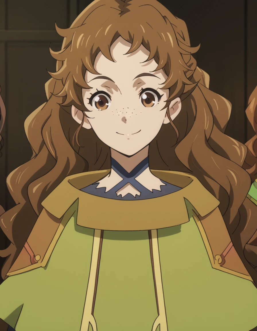 Isuzu, long hair, brown hair, brown eyes, wavy hair, freckles, capelet, pantyhose, score_9, score_8_up, score_7_up, score_6_up, score_5_up, score_4_up, source_anime  <lora:LogHorizonDestructionoftheRoundTable:1> soft smile, portrait,