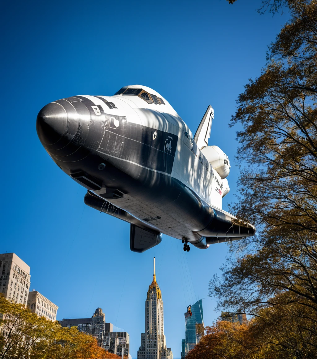 <lora:b41100n_04XL-000008:0.9>a raw photograph of (space shuttle:1.5) b41100n shaped parade balloon,(floating high above:1.2) (with guide ropes:1.1),during Macy's NYC parade,with park and trees behind,with tall buildings in background,(hero shot:1.1),from below,outdoor,sunshine and shadows,realistic photograph,wide_angle_view,highres,absurdres,hyper realistic,HDR UDH 8K wallpaper,photo realistic,award winning,best quality,masterpiece,intricately detailed,high contrast