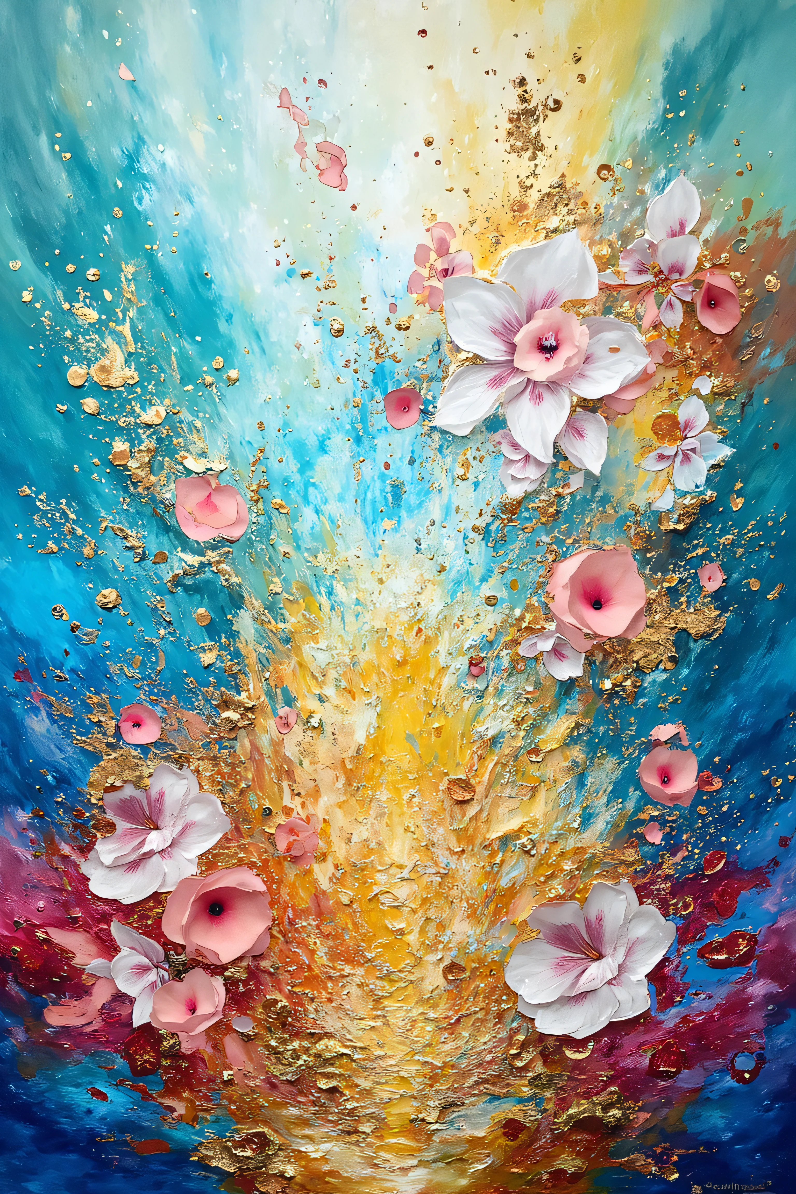 abstract art, expressive, oil painting, landscape, blue, yellow, red, white, pink, cyan, green, gleaming diamond with golden accents, radiating light, amidst brilliance, symetrical hyperdetailed texture, pearl filigree, perfect composition, ethereal, sky, flower, water