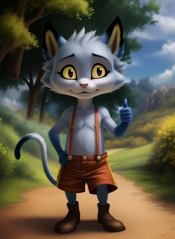 <lora:ChaleyGobYPYif:1> ChaleyGobYP, yellow sclera, black eyes, black ears, gray fur,  dark blue paws, red pants with suspenders, (purple eyeshadow),  cat tail, chibi,
Looks at the viewer, Four fingers, solo, ((Hands on hips, standing,hand behind head,(thumbs up))) (( walking, ))
[ large window, (nature), forest, grass, day shining, clouds, flowers, ]
(beautiful, aesthetic, perfect, delicate, intricate, saturated colors), masterpiece, digital drawing, best quality,
[by personalami], by smitty g, [[[by Foxovh]]], [[by Ross Tran]]