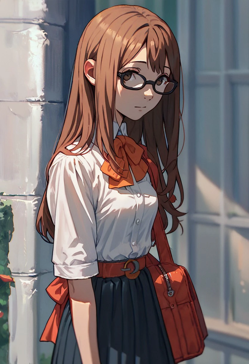 score_9, score_8_up, score_7_up, score_6_up, score_5_up, Fushimi Chihiro, 1girl, solo, long hair, skirt, brown hair, bow, ribbon, brown eyes,  glasses, white shirt