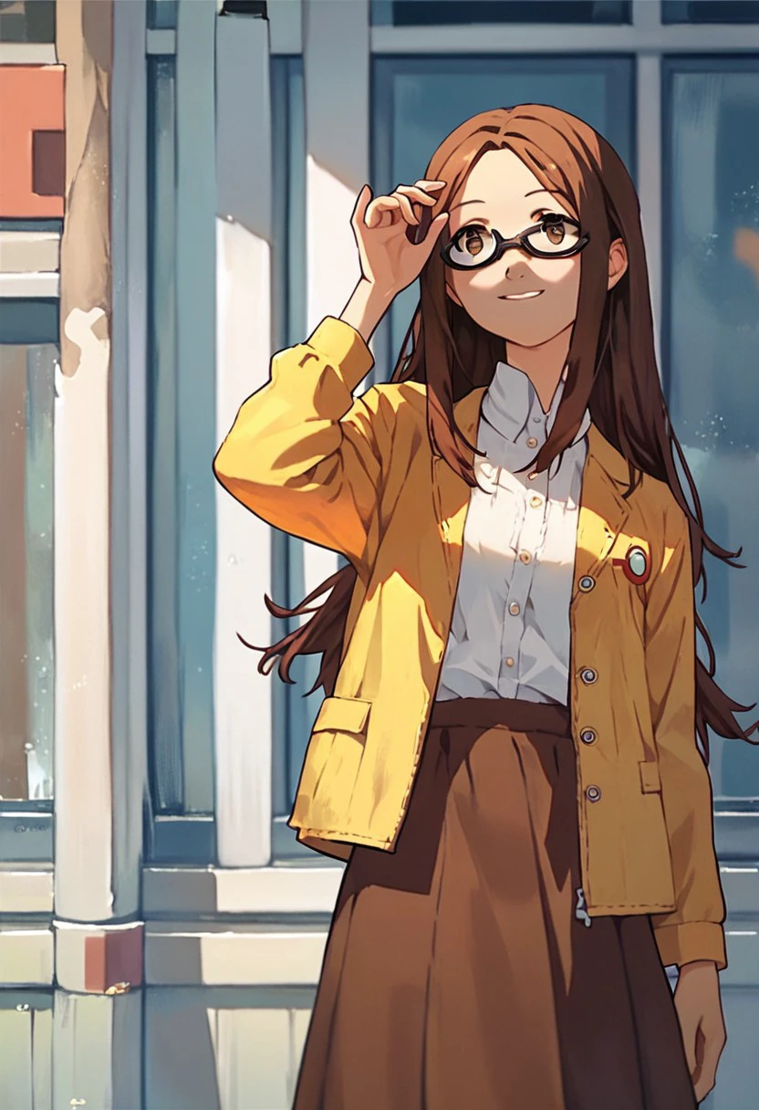 score_9, score_8_up, score_7_up, score_6_up, score_5_up, Fushimi Chihiro, 1girl, solo, long hair, smile, Brown skirt, brown hair, brown eyes, yellow jacket, glasses, adjusting eyewear, casual clothes, white blouse