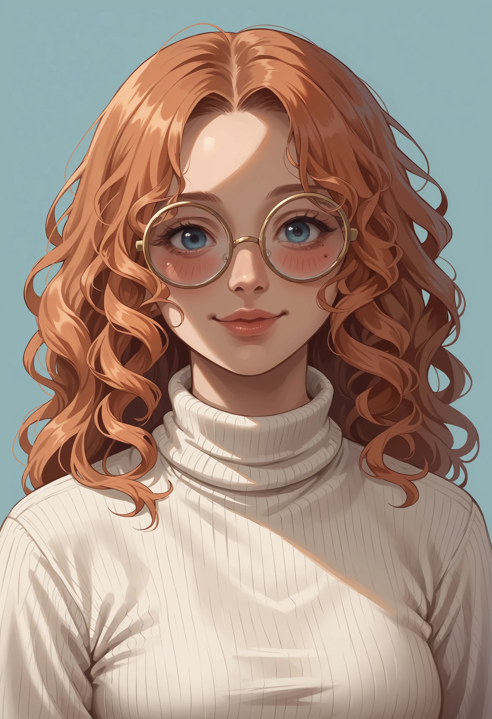 score_9, score_8_up, score_7_up, score_6_up, score_5_up, score_4_up, 1girl, <lora:MikaelaReidDBD:0.75> solo, long hair, orange hair, curly hair, lips, glasses, round eyewear, upper body, standing, happy, blush, looking at viewer, wearing a turtleneck, white turtleneck,
(light blue background), simple background,