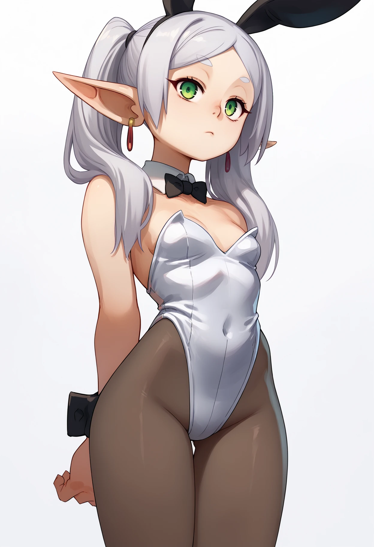 score_9, score_8_up, score_7_up, BREAK, 
1girl, frieren wearing a playboy bunny outfit, green eyes, grey hair, twintails, pointy ears, eyebrows, earrings,
 strapless leotard, pantyhose, arms behind back, expressionless, standing, looking at viewer, solo, simple background, white background   <lora:XaxaxaXLLocon_byKonan:1> <lora:FrierenXLv2:1>