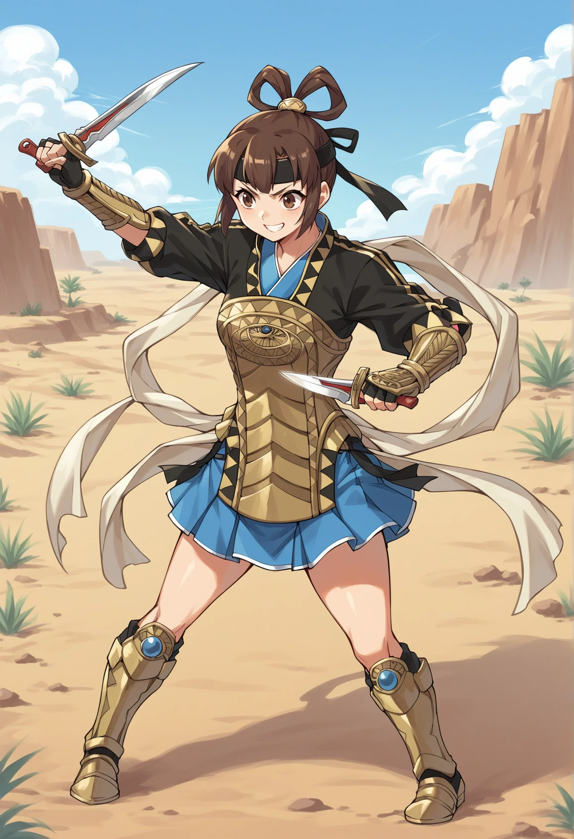 1girl, solo, brown hair, hair rings, brown eyes, headband, chinese clothes, black shirt, armor, blue skirt, miniskirth, thighs, armored boots, fingerless gloves, smile, holding dagger, dual wielding, outdoors, desert, fighting stance, small breasts. full body <lora:Miakis_V3:1>, score_9, score_8_up, score_7_up, score_6_up, score_5_up, score_4_up, BREAK source_anime, masterpiece