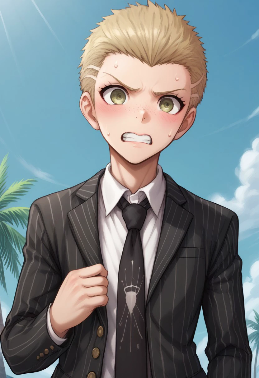 score_9, score_8_up, score_7_up, source_anime, highly detailed, 
Fuyuhiko, 1boy, male focus, short hair, necktie, solo, shirt, striped jacket, blonde hair, blush, embarassed,
jacket, black jacket, teeth, black necktie, collared shirt, striped, bangs, long sleeves, upper body,
white shirt, clenched teeth, blush stickers, hand up, very short hair, sweat, freckles, freckles, mole,
outdoor, palm tree, sky,