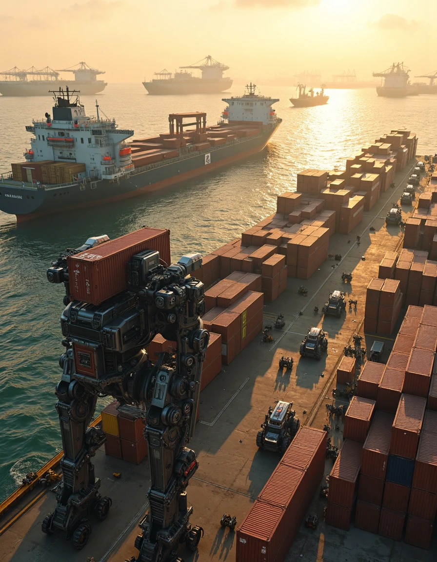 0r0105, a stunning cinematic shot of a massive, futuristic harbor at dawn, where an array of cargo ships, entirely automated and sleek, are being loaded by colossal droids. In the foreground, a towering, crane-like robot carefully lifts a container marked with foreign symbols and stacks it precisely on a ship. Another droid, resembling an industrial octopus, uses its multiple appendages to inspect the cargo, ensuring everything is secure. The midground shows rows of containers stacked like giant building blocks, with smaller, wheeled droids zipping between them, directing traffic and coordinating logistics. The background reveals the shimmering ocean, with the rising sun casting a golden light across the water and the gleaming metal structures. The atmosphere is industrious, with a sense of calm efficiency as the robots work in perfect harmony.

Image Quality Tags: Cinematic detail, uniform clarity, richly textured, intricate lighting, high-definition industrial elements, analog movie quality, ultra-detailed, dynamic harbor scene, artistic framing, dawn light, vibrant and crisp atmosphere.

